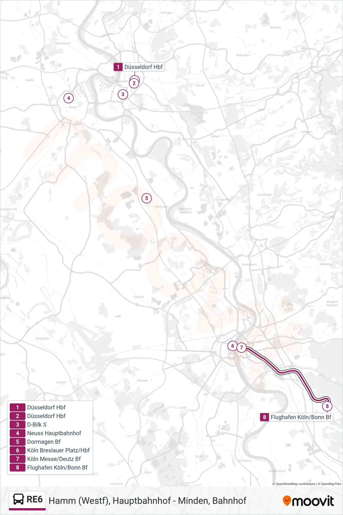 RE6 bus Line (Flughafen Köln/Bonn Bf) route and stops on a map