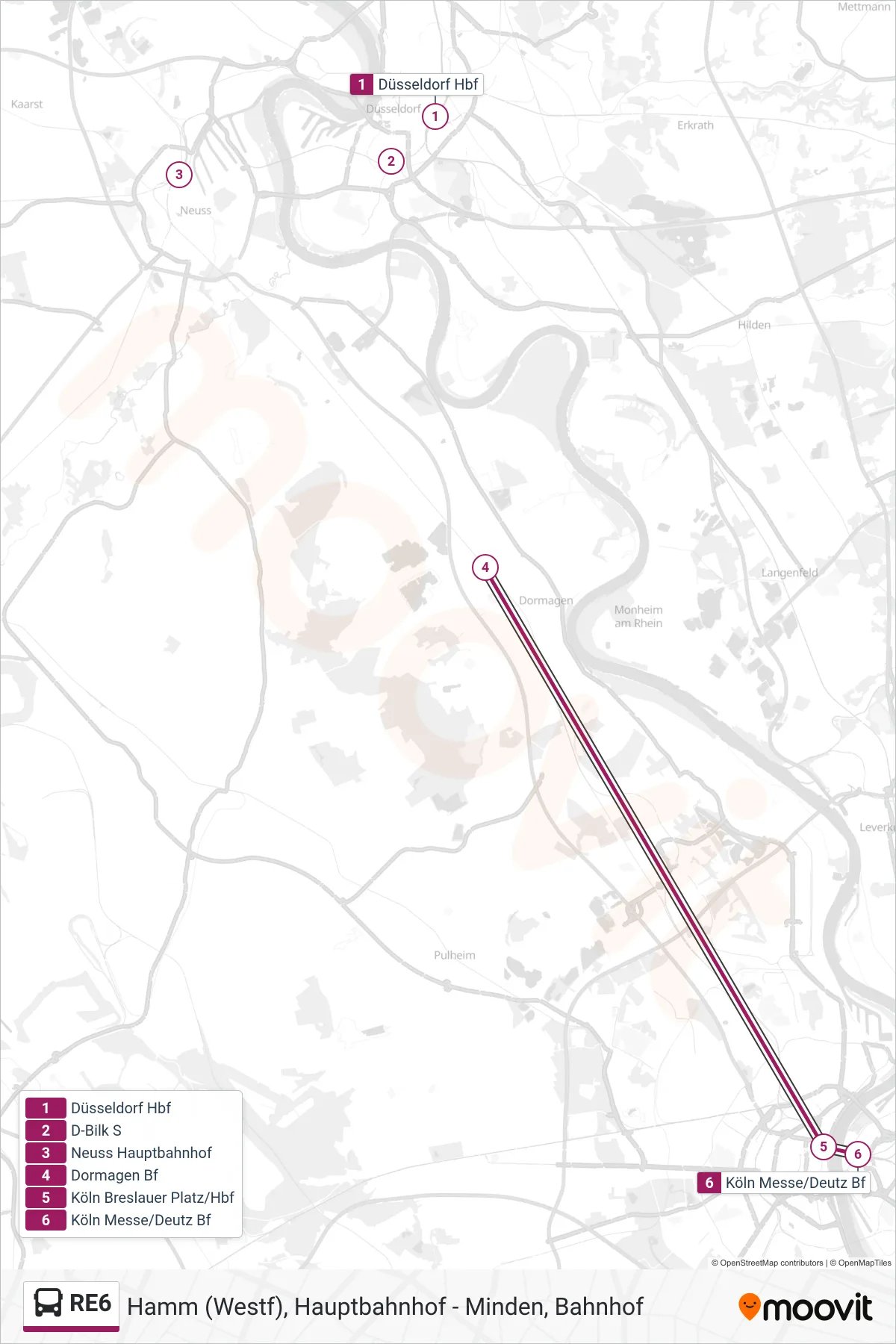 RE6 bus Line (Köln Messe/Deutz Bf) route and stops on a map