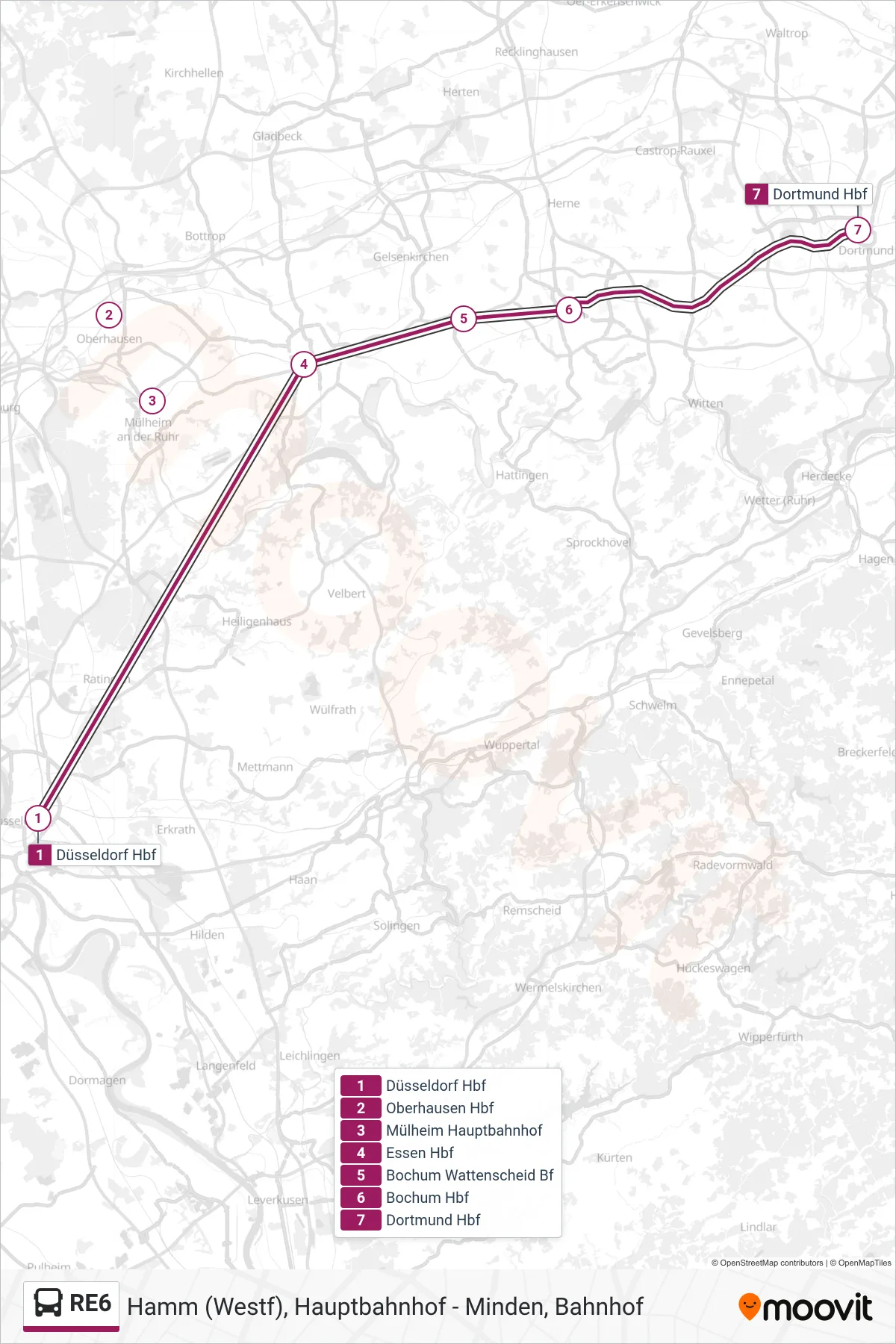 RE6 bus Line (Dortmund Hbf) route and stops on a map