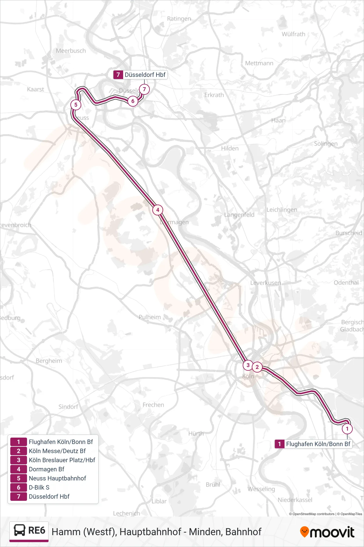 RE6 bus Line (Düsseldorf Hbf) route and stops on a map