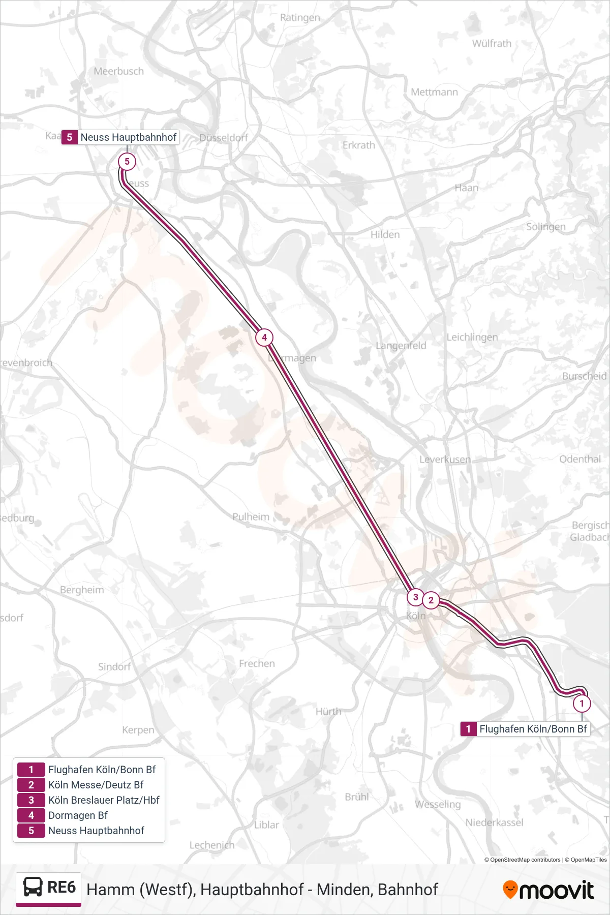 RE6 bus Line (Neuss Hauptbahnhof) route and stops on a map