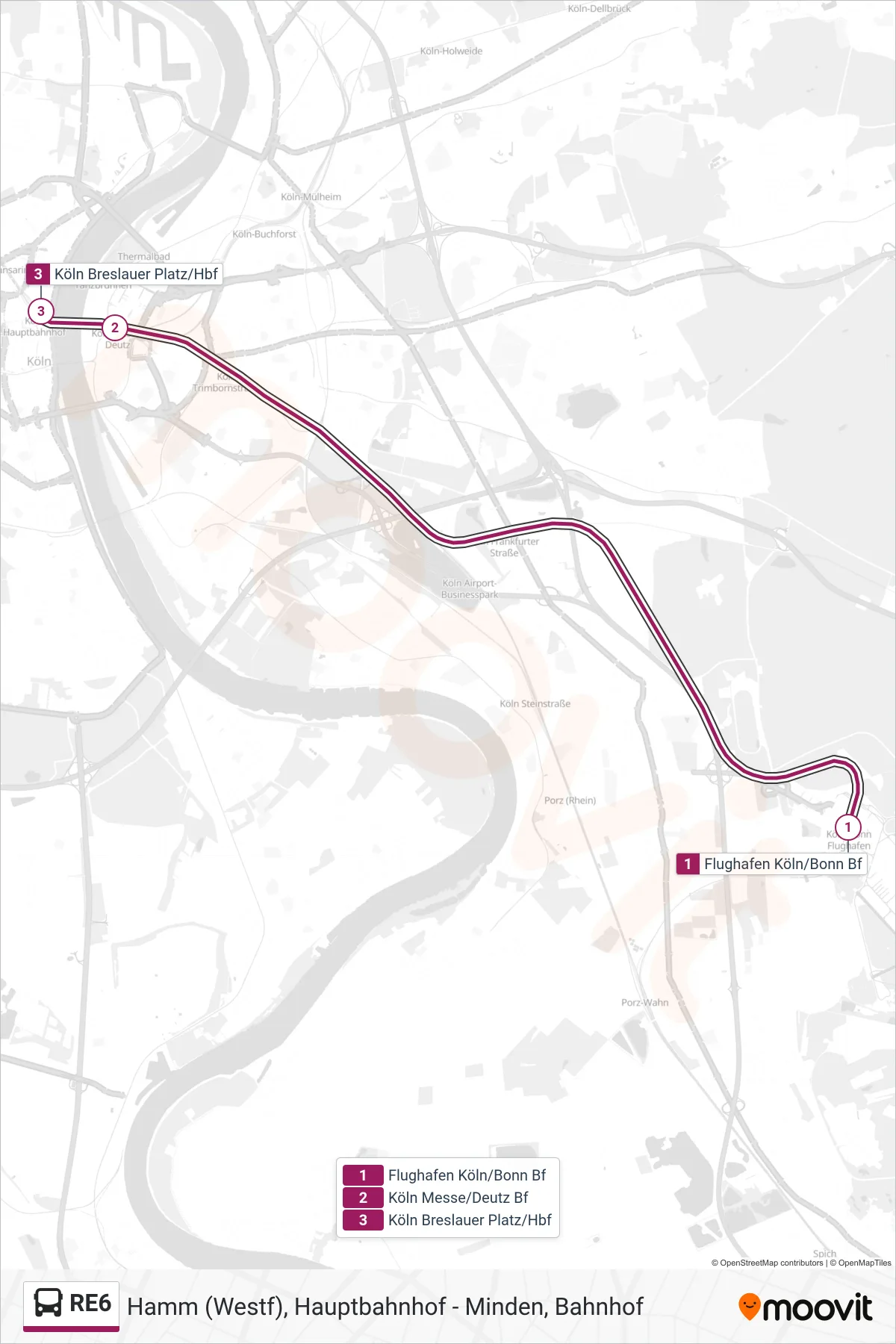 RE6 bus Line (Köln Breslauer Platz/Hbf) route and stops on a map