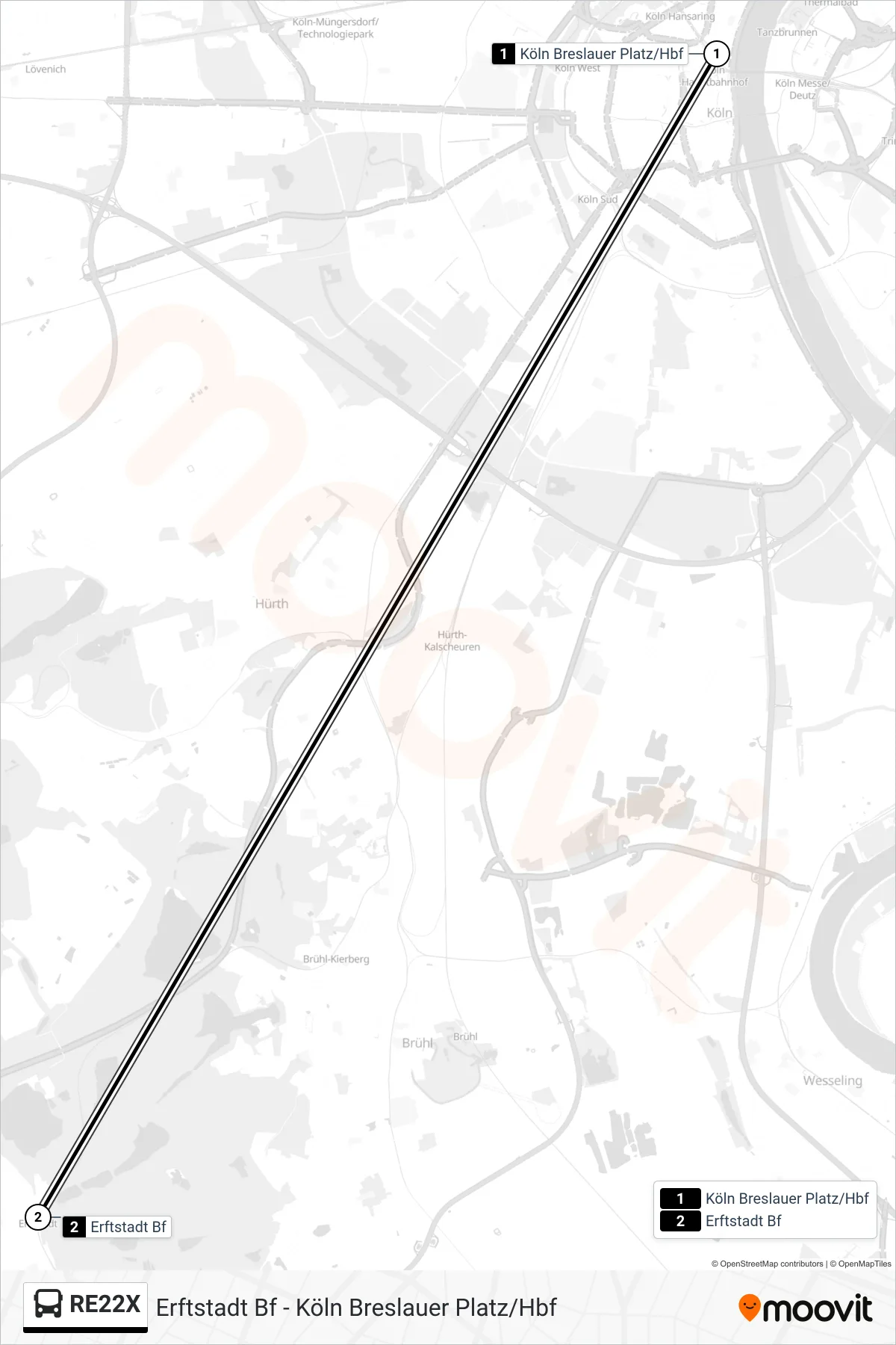 RE22X bus Line (Erftstadt Bf) route and stops on a map