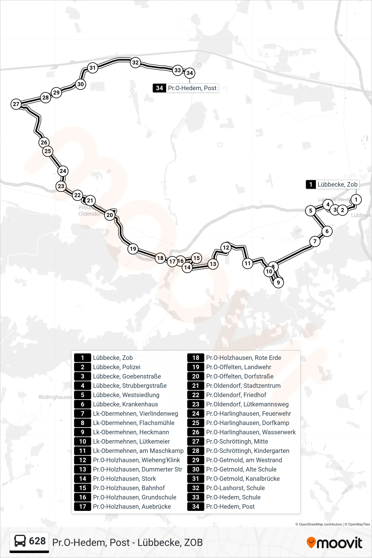Linie 628 (Bus) Richtung Hedem Post: Route und Haltestellen auf der Karte