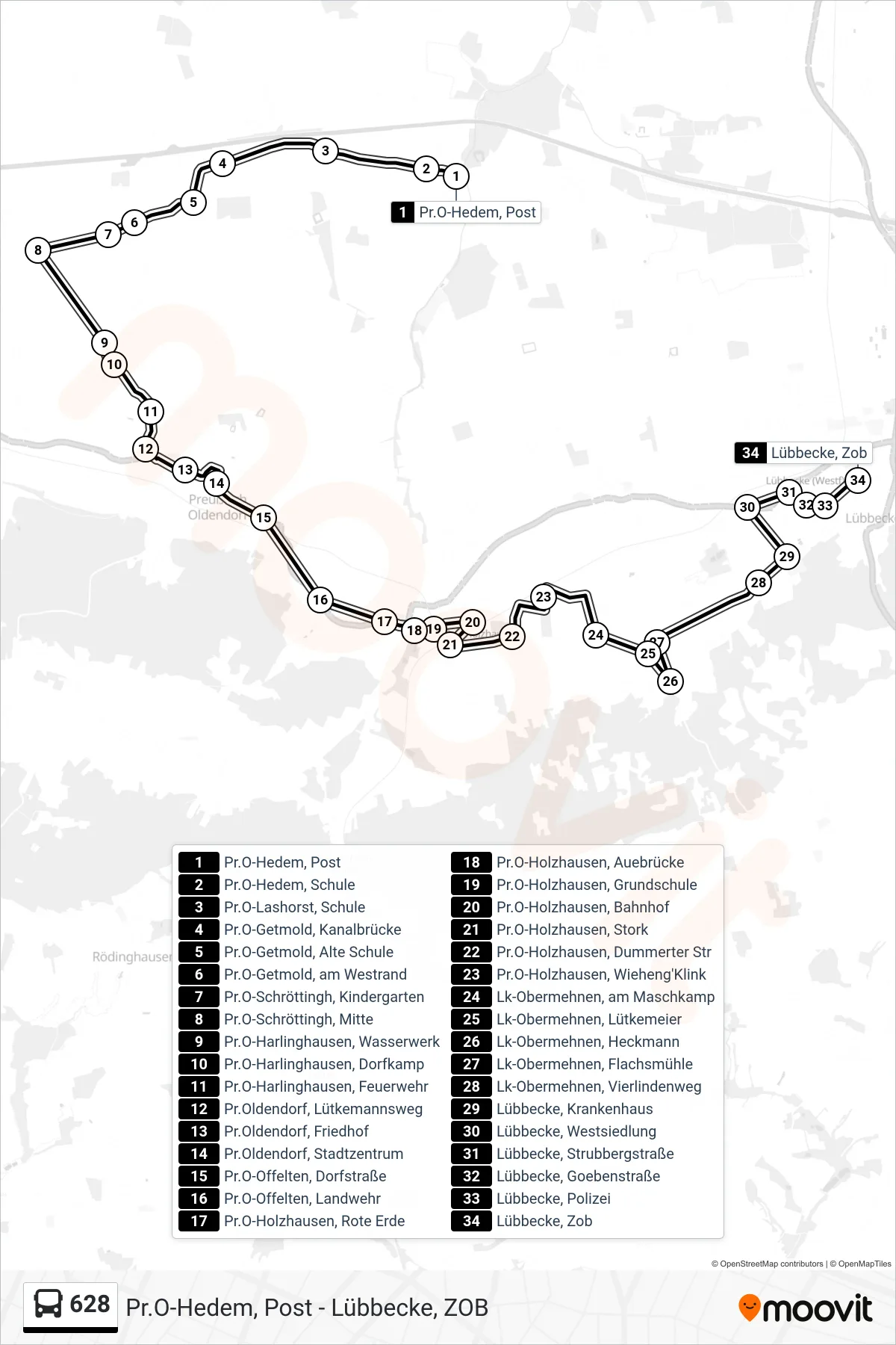 Linie 628 (Bus) Richtung Lübbecke Z O B: Route und Haltestellen auf der Karte