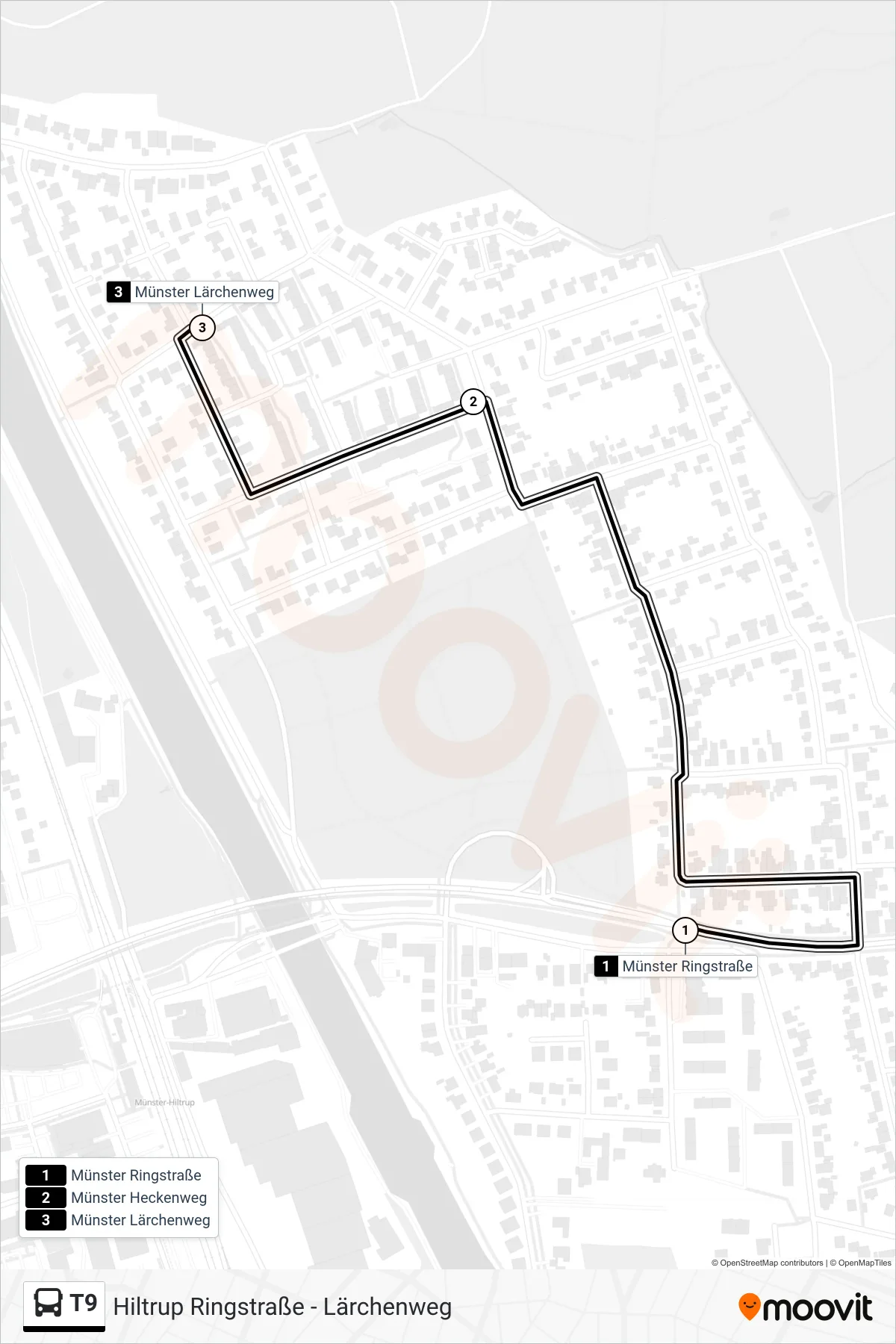 T9 bus Line (Taxibus) route and stops on a map
