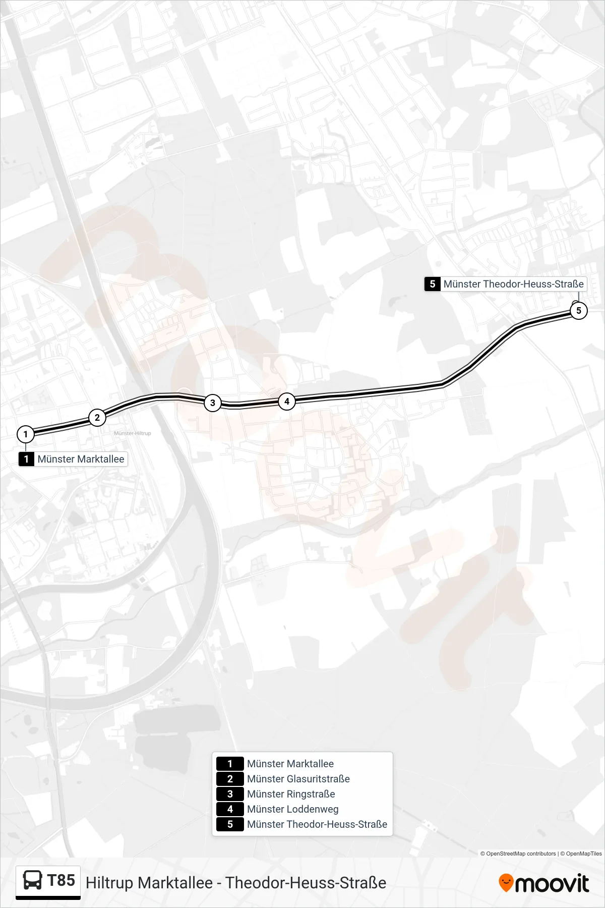 T85 bus Line (Taxibus) route and stops on a map