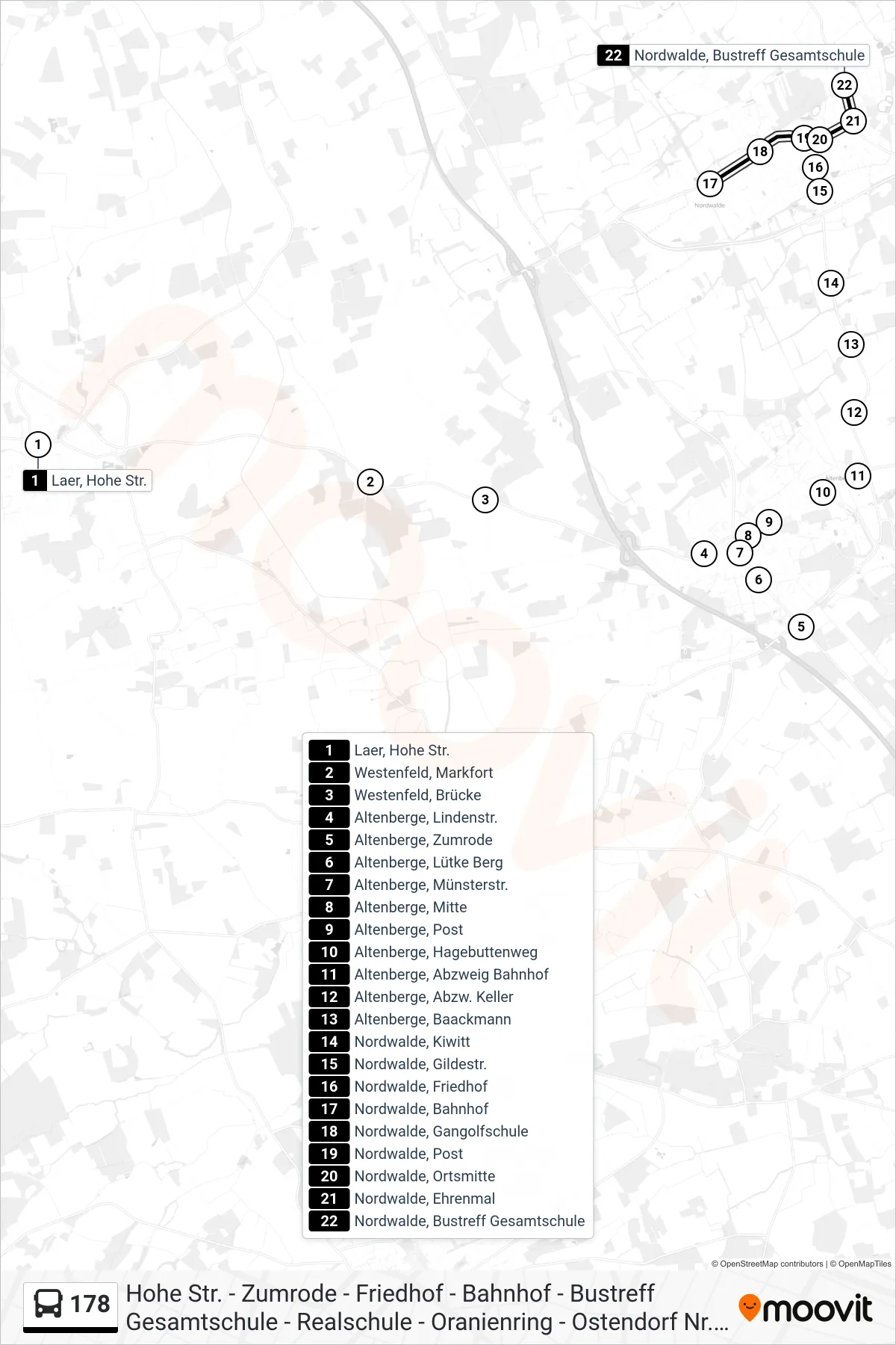 178 bus Line (Nordwalde, Bustreff Gesamtschule) route and stops on a map