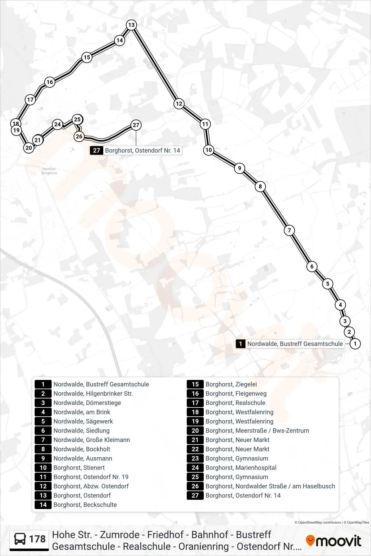 Linie 178 (Bus) Richtung Borghorst, Ostendorf Nr. 14: Route und Haltestellen auf der Karte