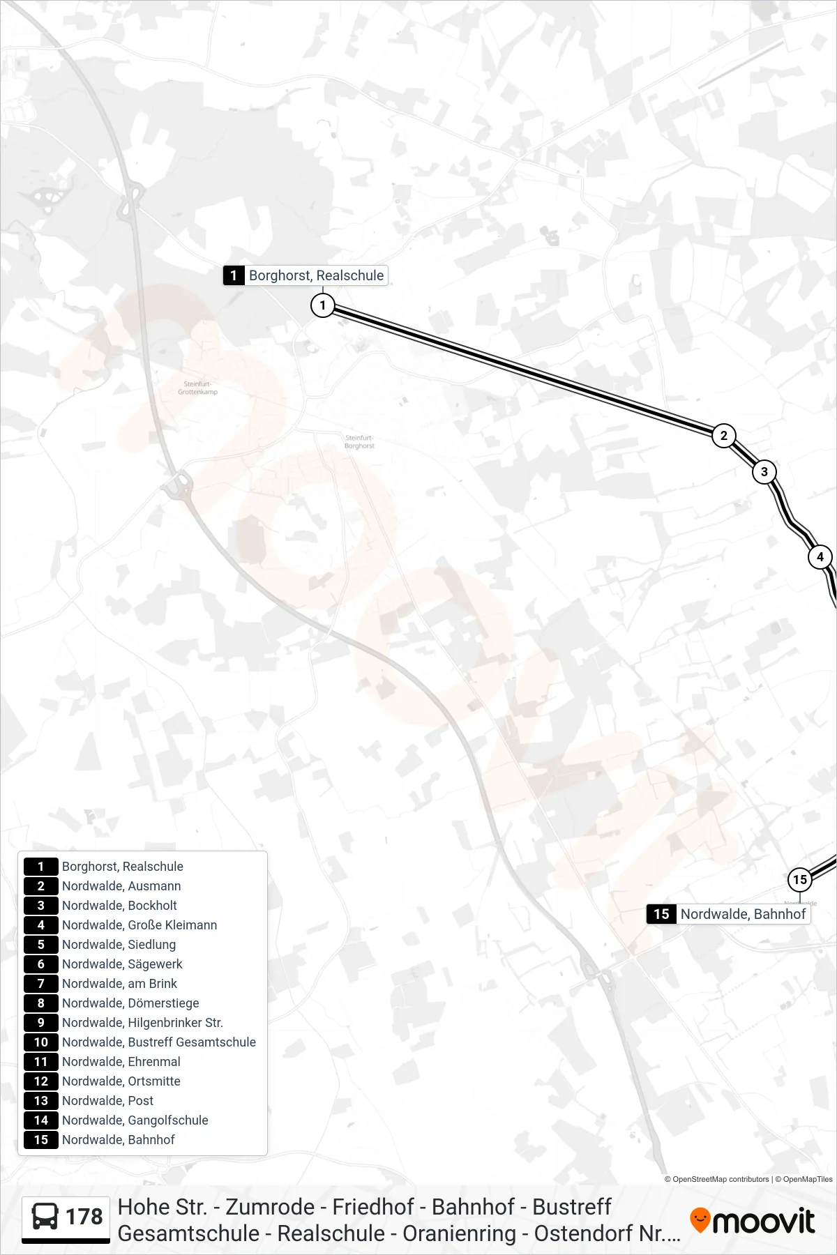 Linie 178 (Bus) Richtung Nordwalde, Bahnhof: Route und Haltestellen auf der Karte