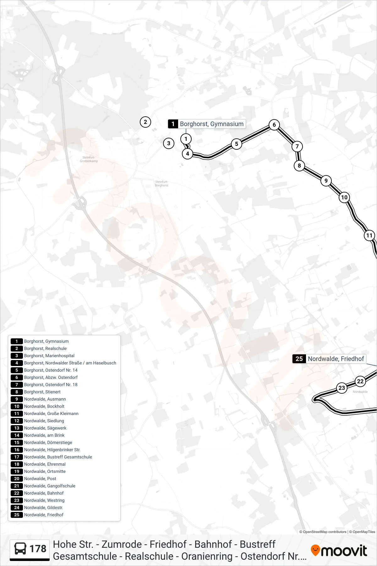 Linie 178 (Bus) Richtung Nordwalde, Friedhof: Route und Haltestellen auf der Karte