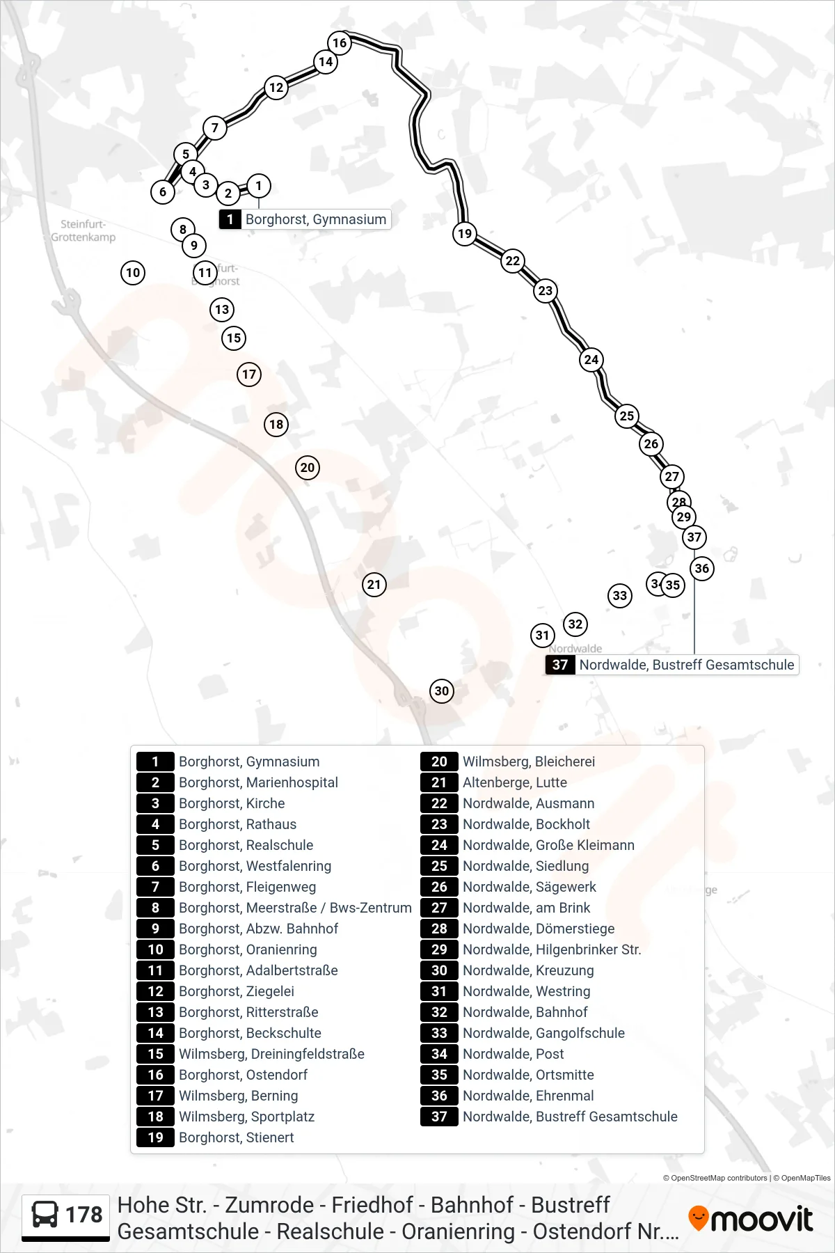 Linie 178 (Bus) Richtung Nordwalde, Bustreff Gesamtschule: Route und Haltestellen auf der Karte