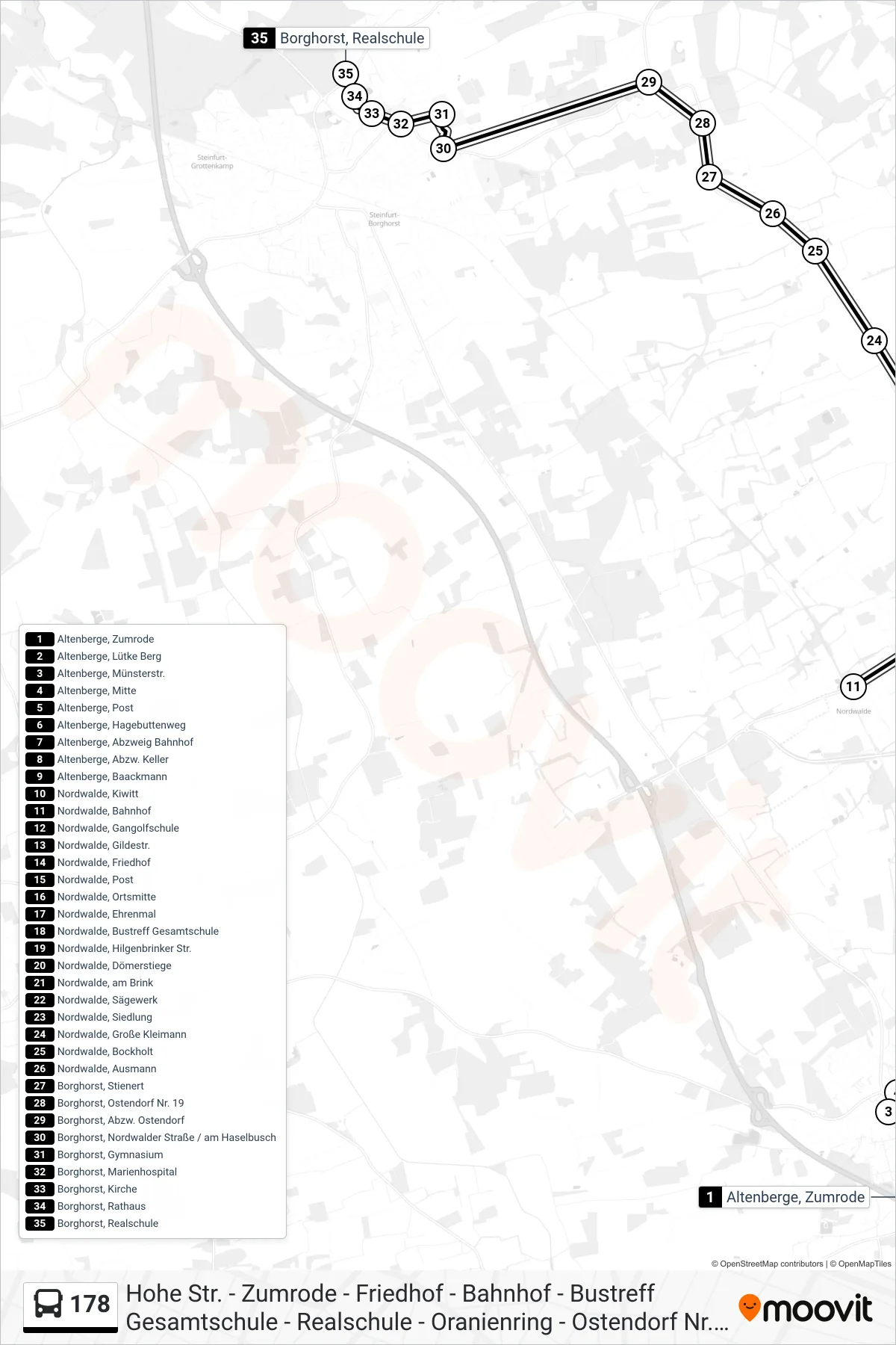 178 bus Line (Borghorst, Realschule) route and stops on a map