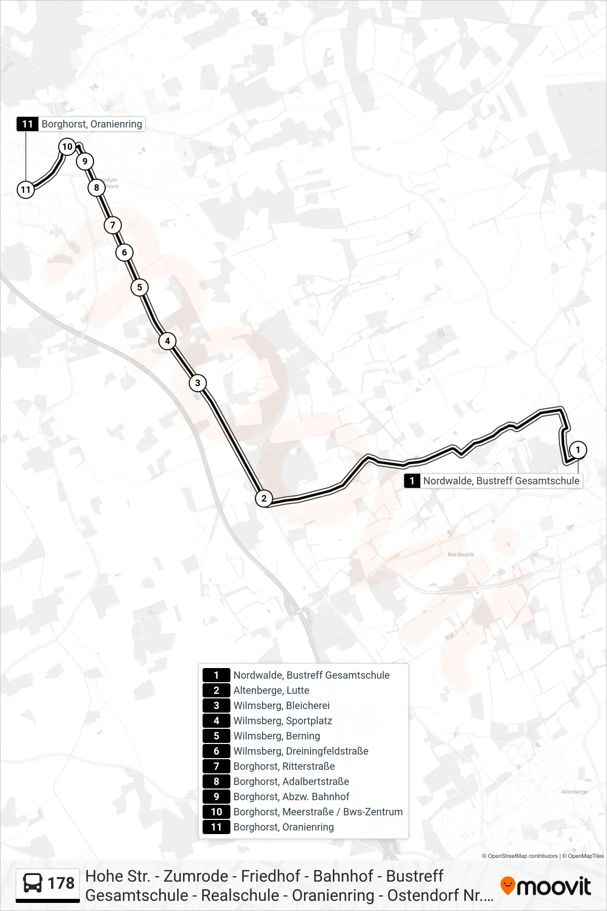 Linie 178 (Bus) Richtung Borghorst, Oranienring: Route und Haltestellen auf der Karte