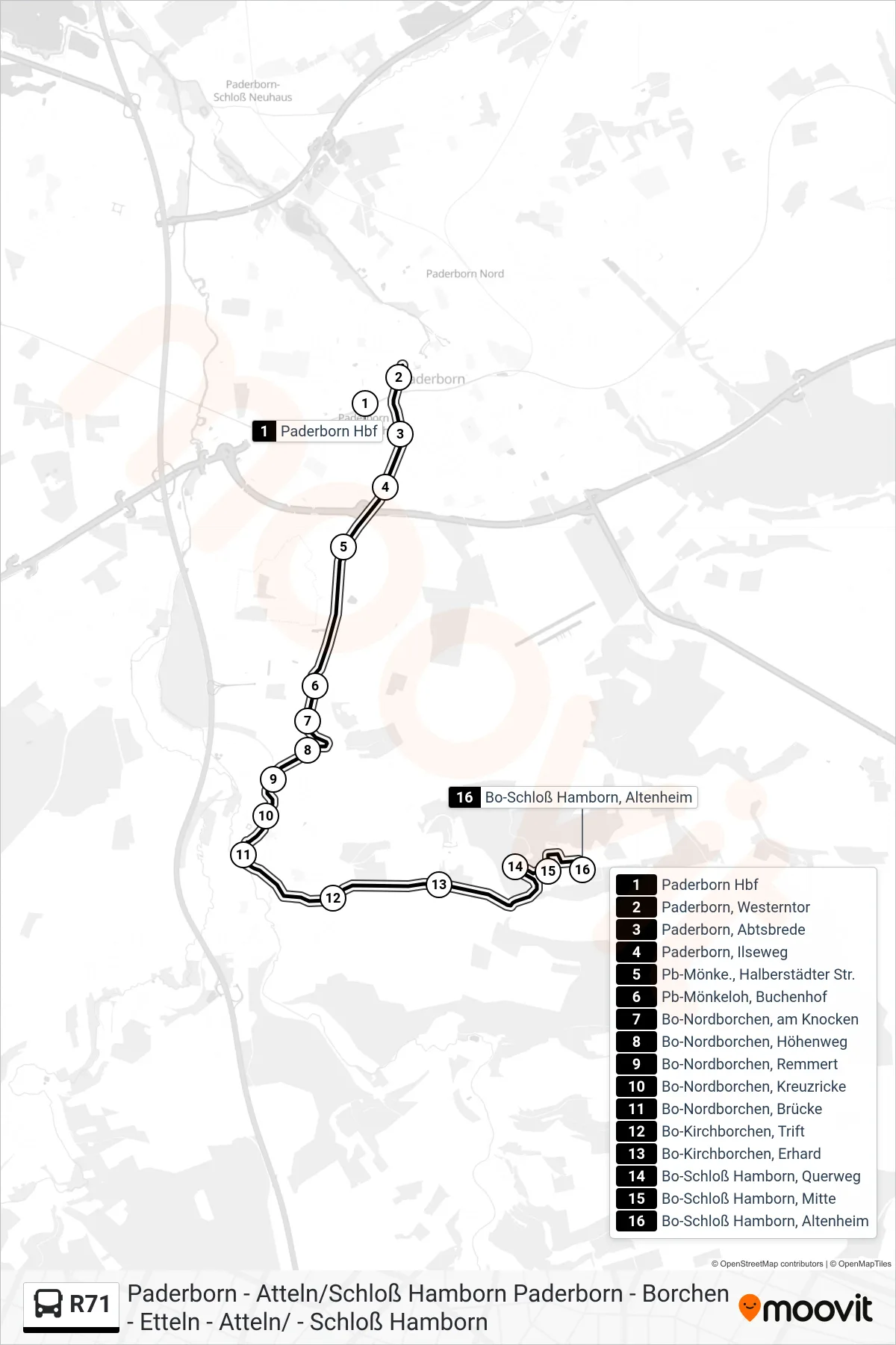 R71 bus Line (Bo-Schloß Hamborn, Altenheim) route and stops on a map