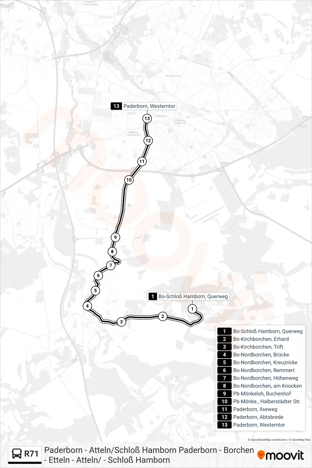 R71 bus Line (Paderborn, Westerntor Steig C) route and stops on a map