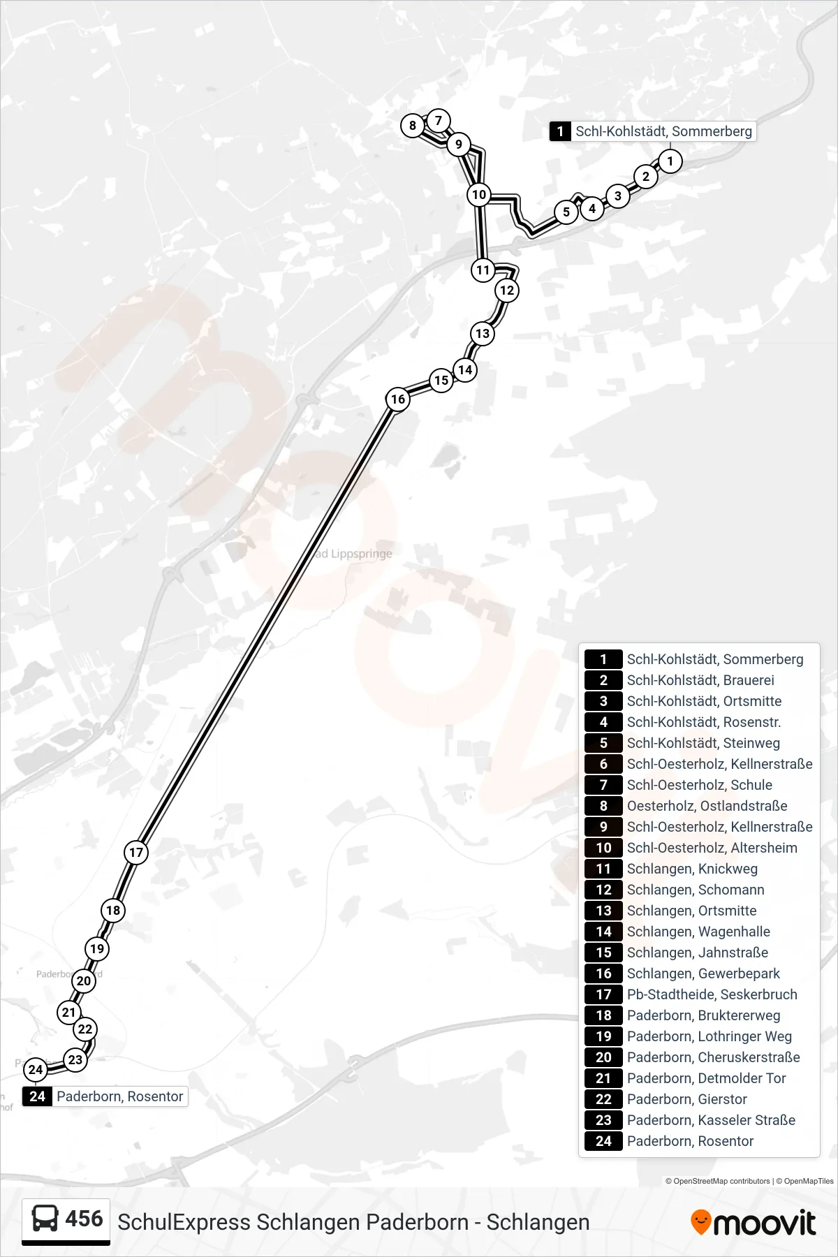 456 bus Line (Paderborn, Rosentor) route and stops on a map