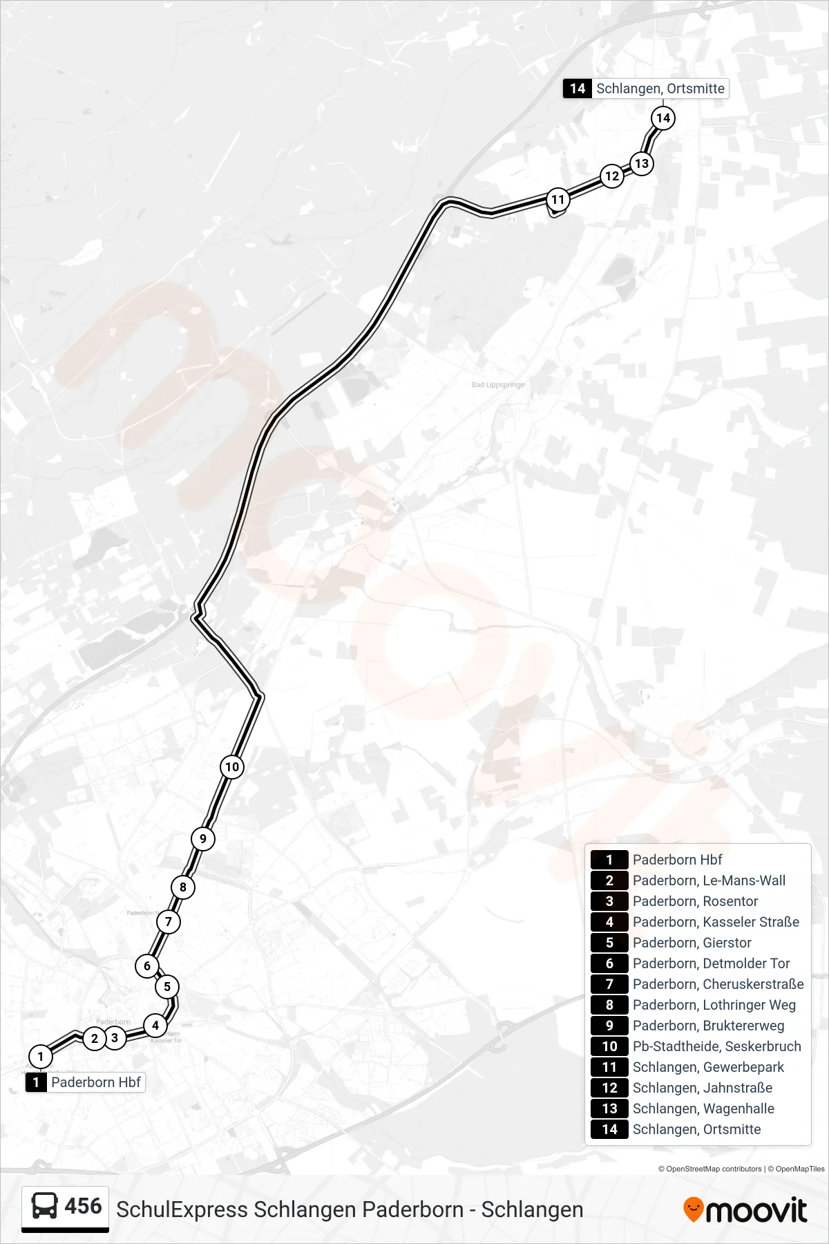 456 bus Line (Schlangen, Ortsmitte) route and stops on a map