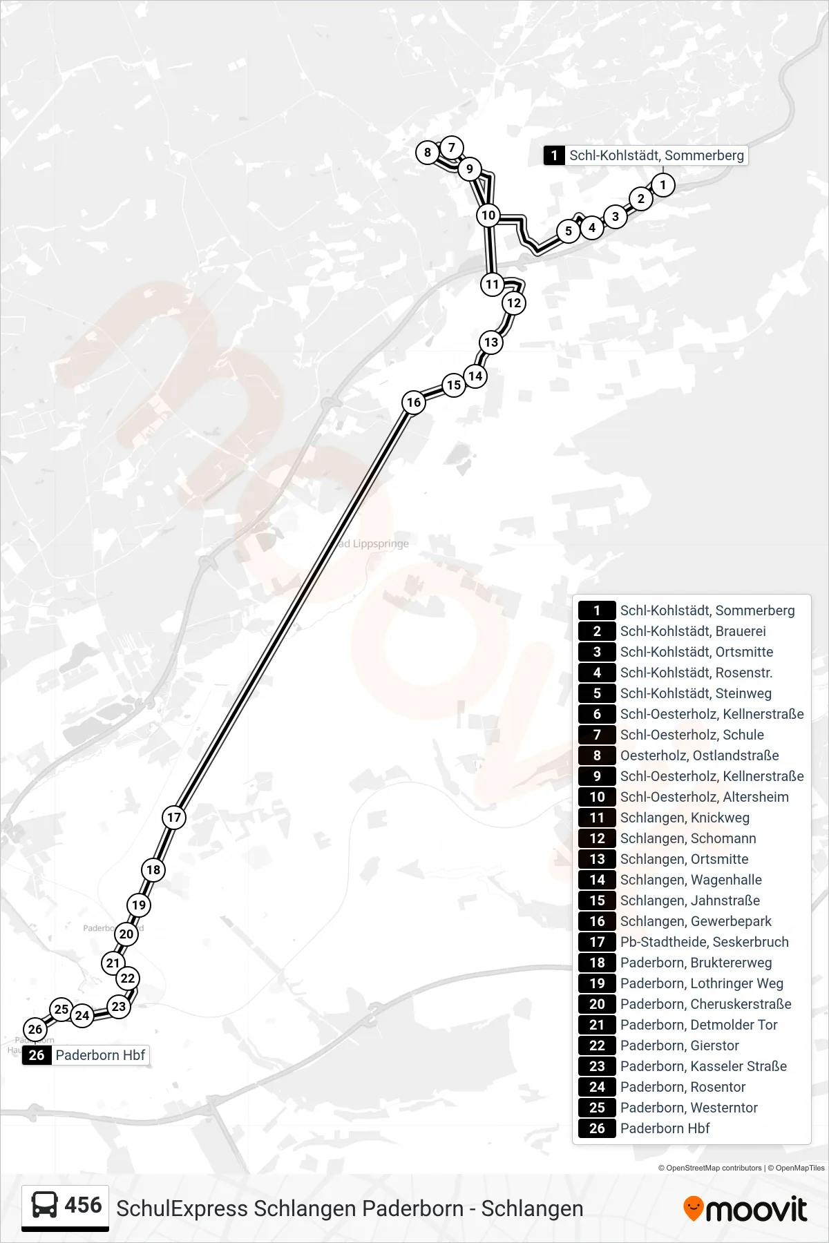 456 bus Line (Paderborn Hbf Bstg B) route and stops on a map