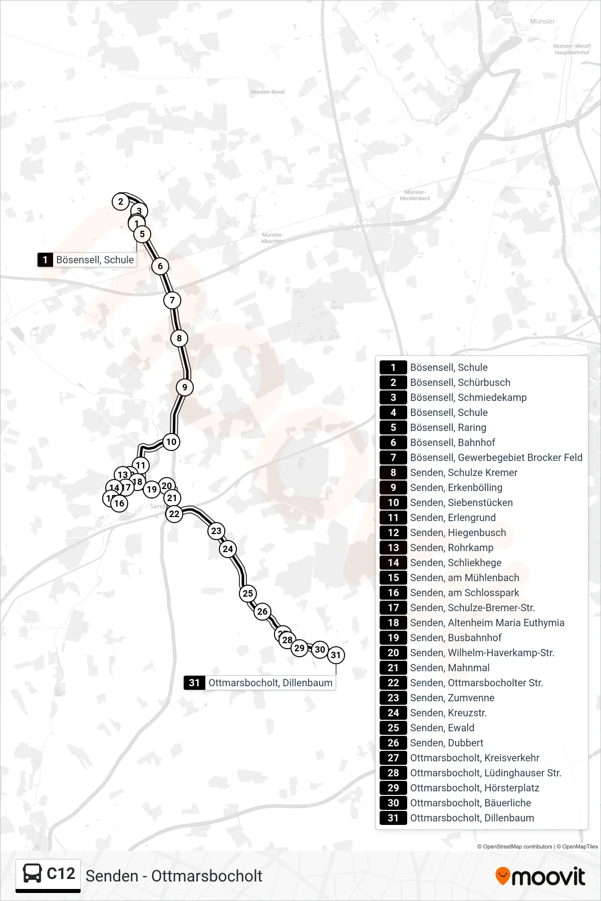 C12 bus Line (Ottmarsbocholt, Dillenbaum) route and stops on a map