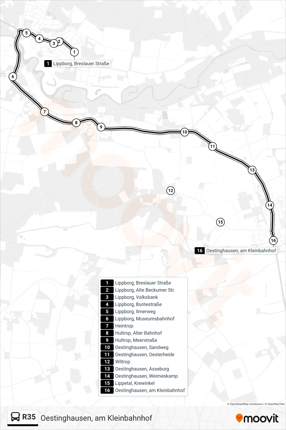 Linie R35 (Bus) Richtung Oestinghausen, am Kleinbahnhof: Route und Haltestellen auf der Karte