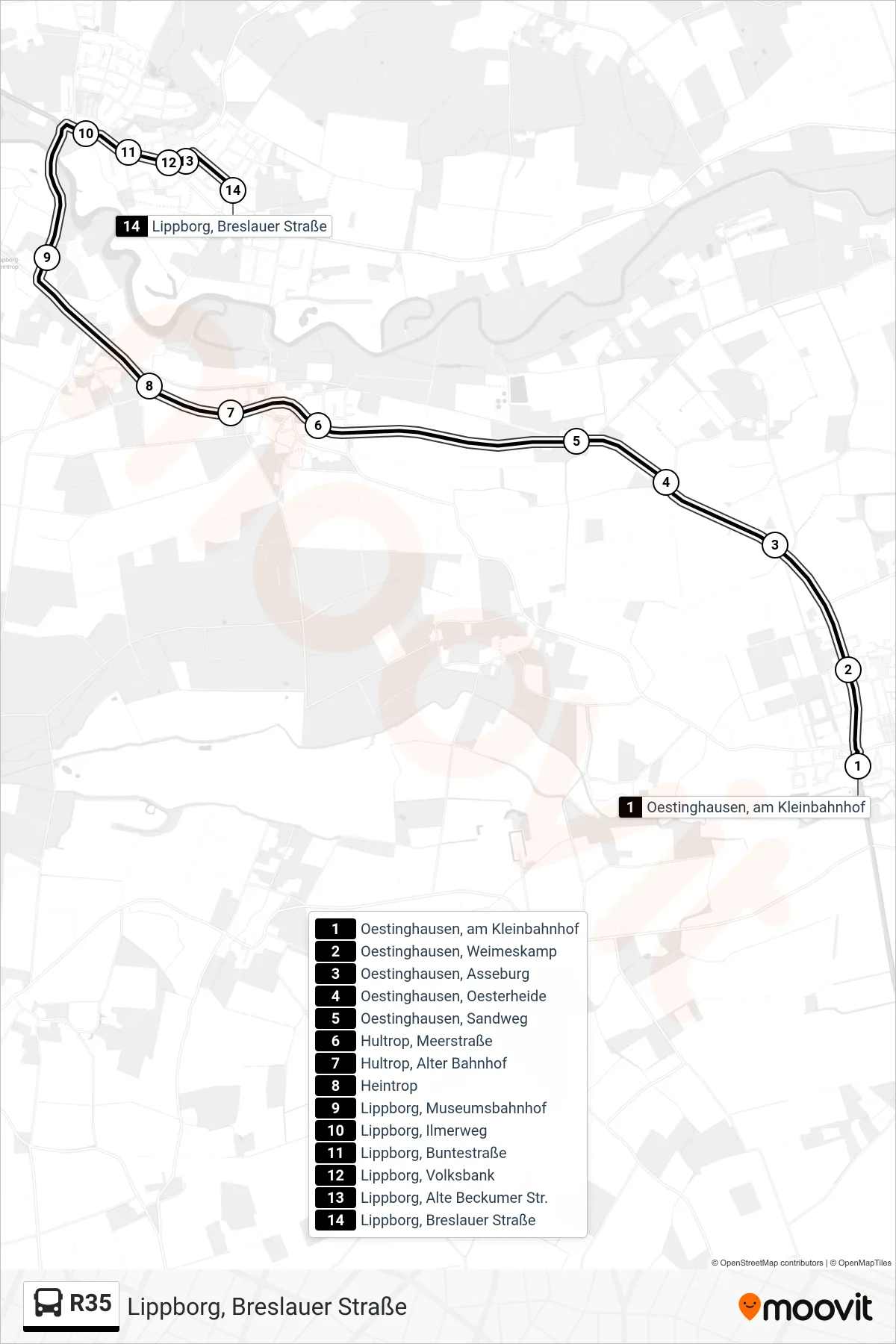 R35 bus Line (Lippborg, Breslauer Straße) route and stops on a map