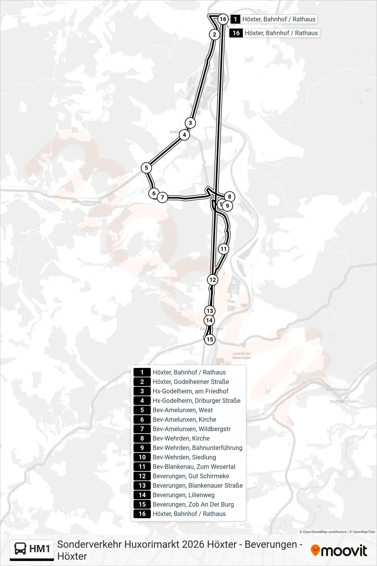 Linie HM1 (Bus) Richtung Höxter, Bahnhof / Rathaus: Route und Haltestellen auf der Karte