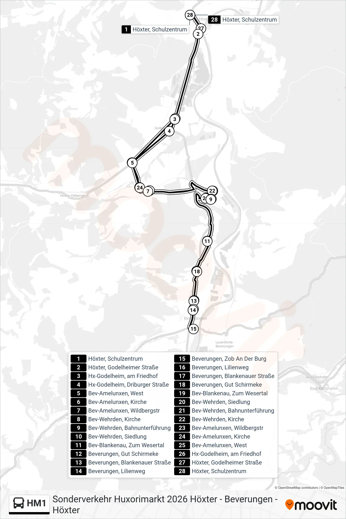 HM1 bus Line (Höxter, Schulzentrum) route and stops on a map