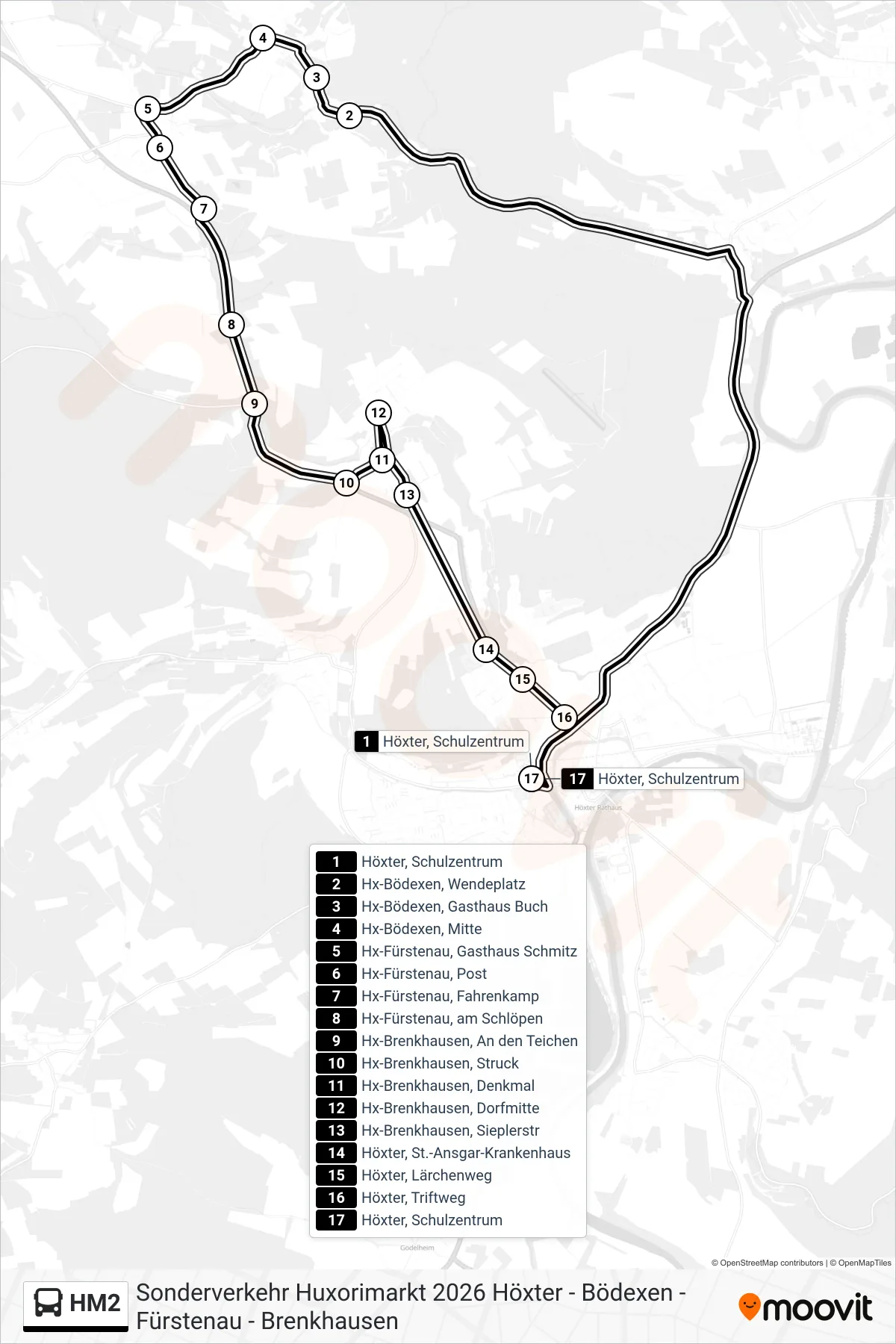 HM2 bus Line (Höxter, Schulzentrum Bstg 2) route and stops on a map