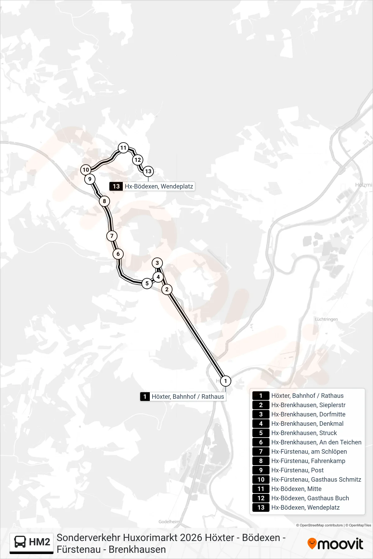 Linie HM2 (Bus) Richtung Hx-Bödexen, Wendeplatz: Route und Haltestellen auf der Karte