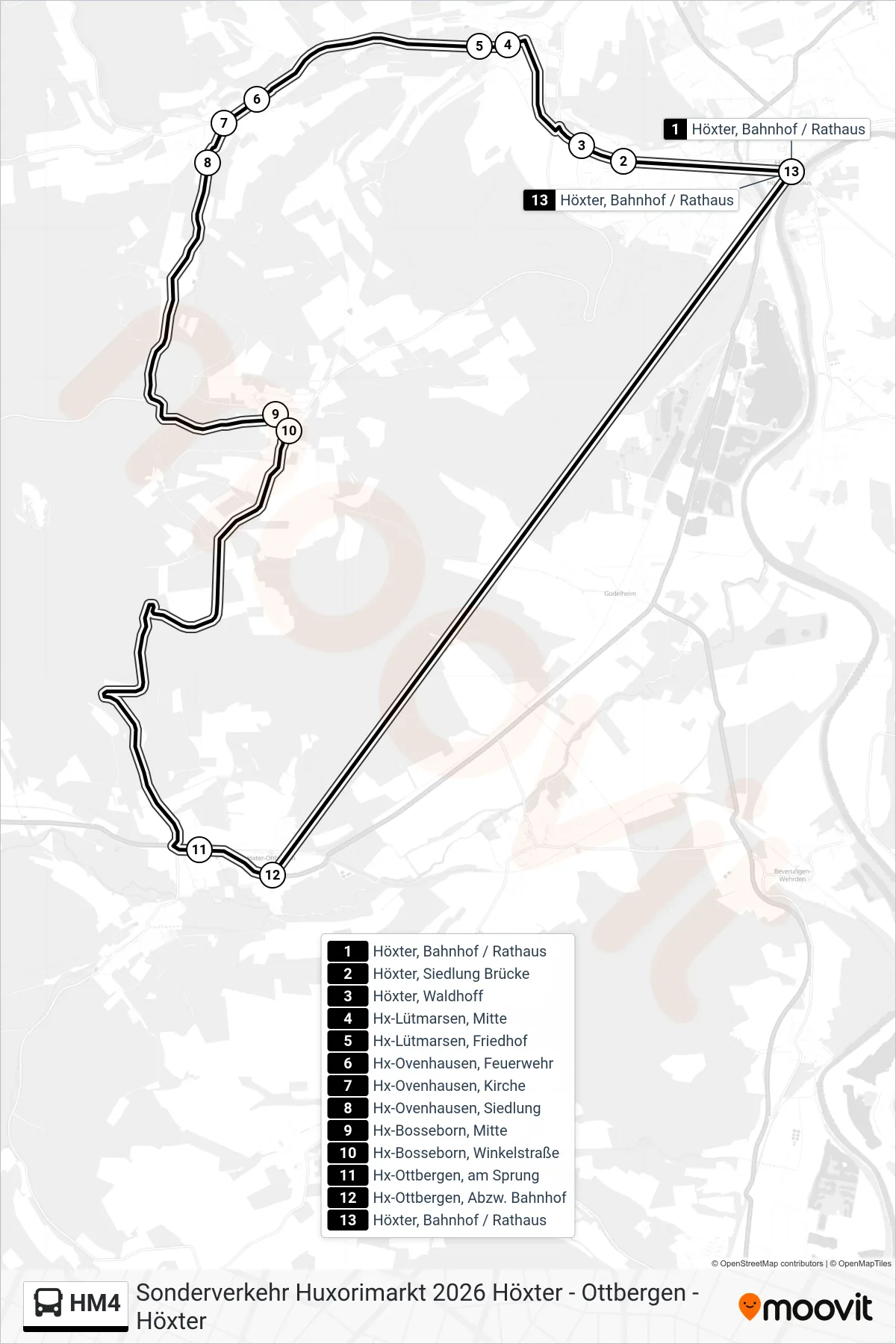 HM4 bus Line (Höxter, Bahnhof / Rathaus) route and stops on a map