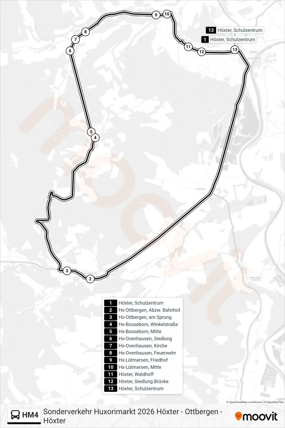 Linie HM4 (Bus) Richtung Höxter, Schulzentrum Bstg 4: Route und Haltestellen auf der Karte