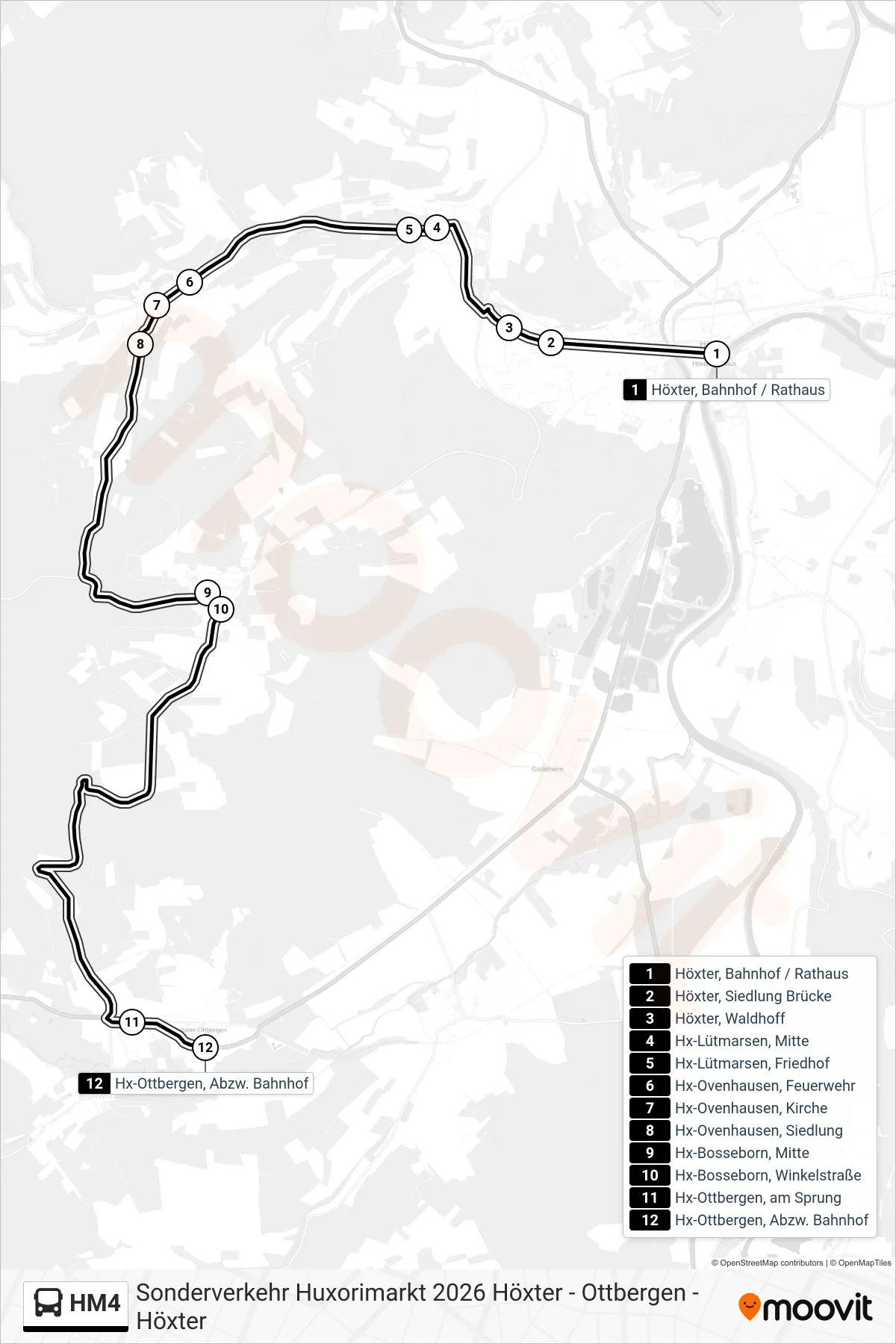 Linie HM4 (Bus) Richtung Hx-Ottbergen, Abzw. Bahnhof: Route und Haltestellen auf der Karte