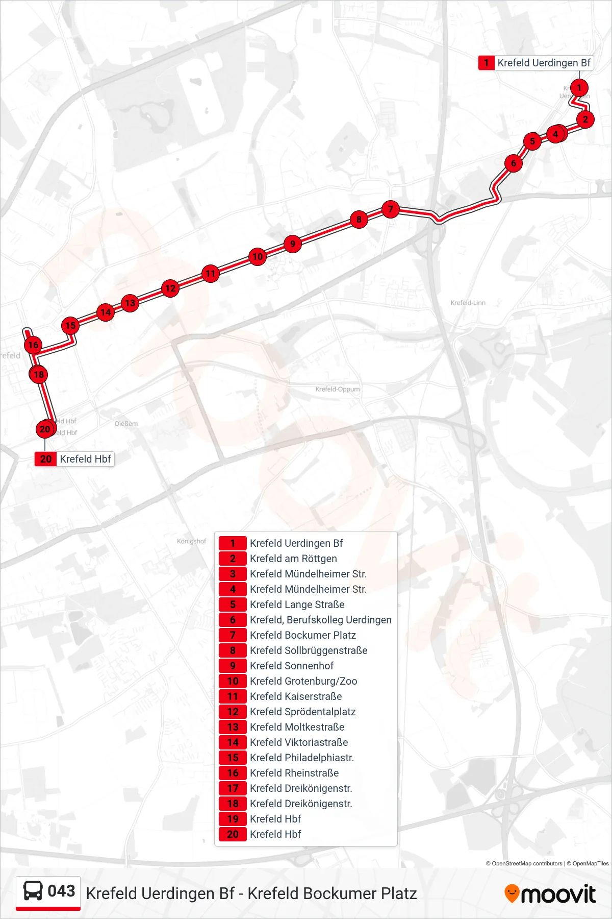043 bus Line (Krefeld Hbf) route and stops on a map