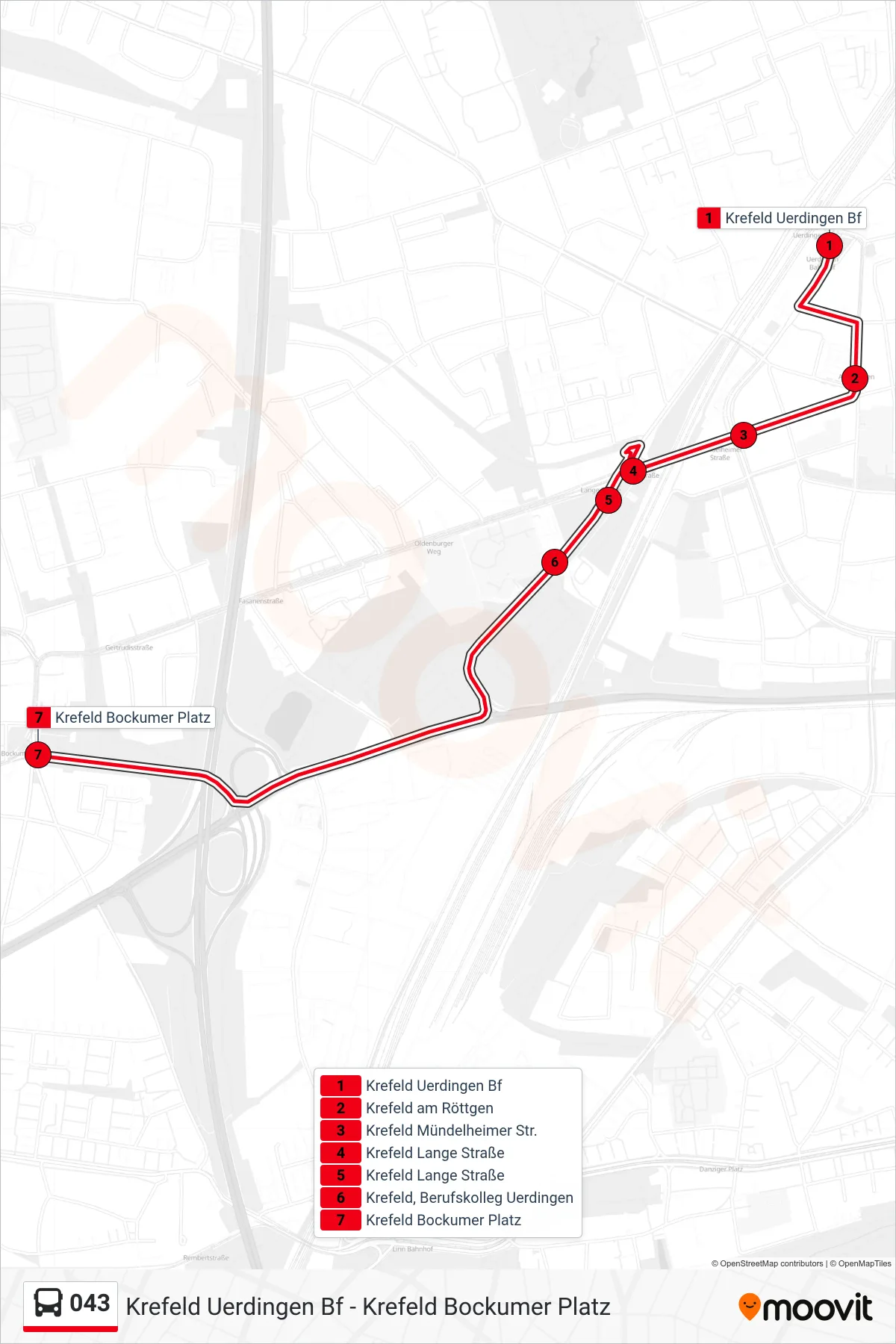 Linie 043 (Bus) Richtung Krefeld Bockumer Platz: Route und Haltestellen auf der Karte