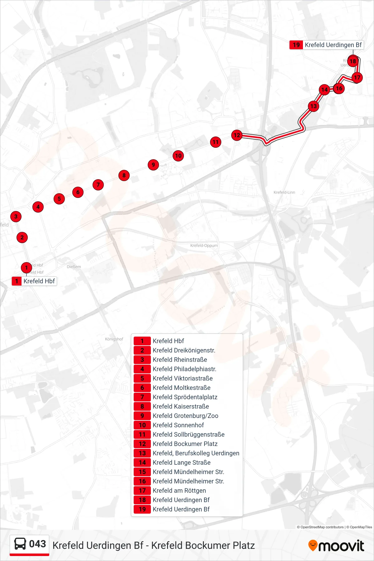043 bus Line (Krefeld Uerdingen Bf) route and stops on a map