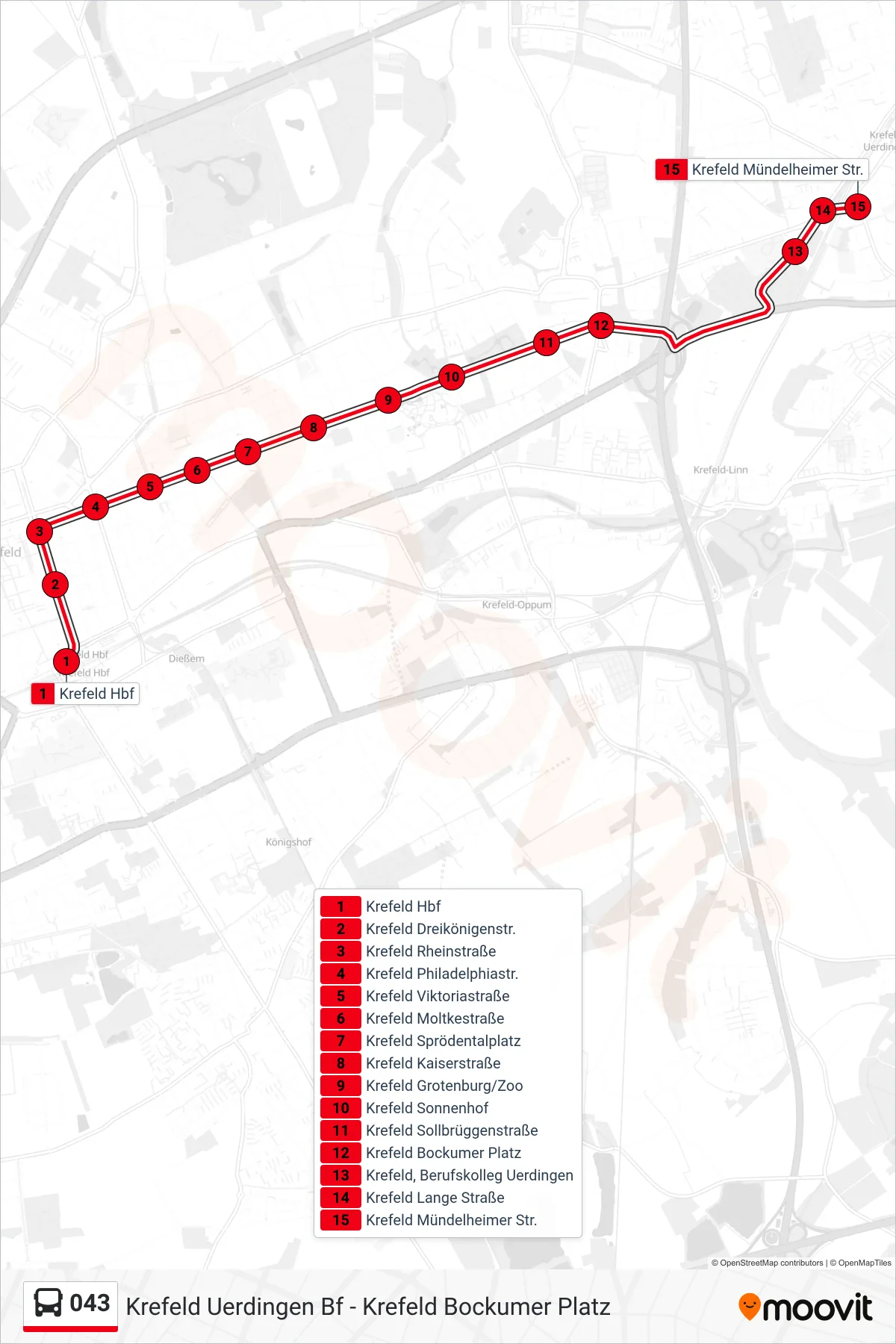 Linie 043 (Bus) Richtung Krefeld Mündelheimer Str.: Route und Haltestellen auf der Karte