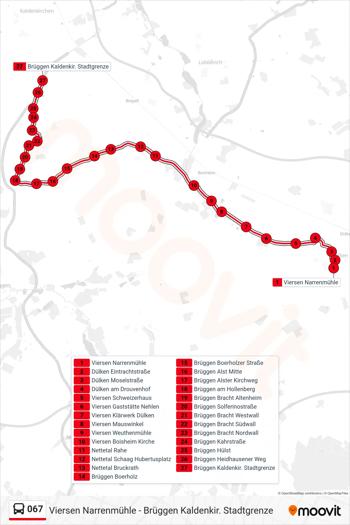 Linie 067 (Bus) Richtung Brüggen Kaldenkir. Stadtgrenze: Route und Haltestellen auf der Karte