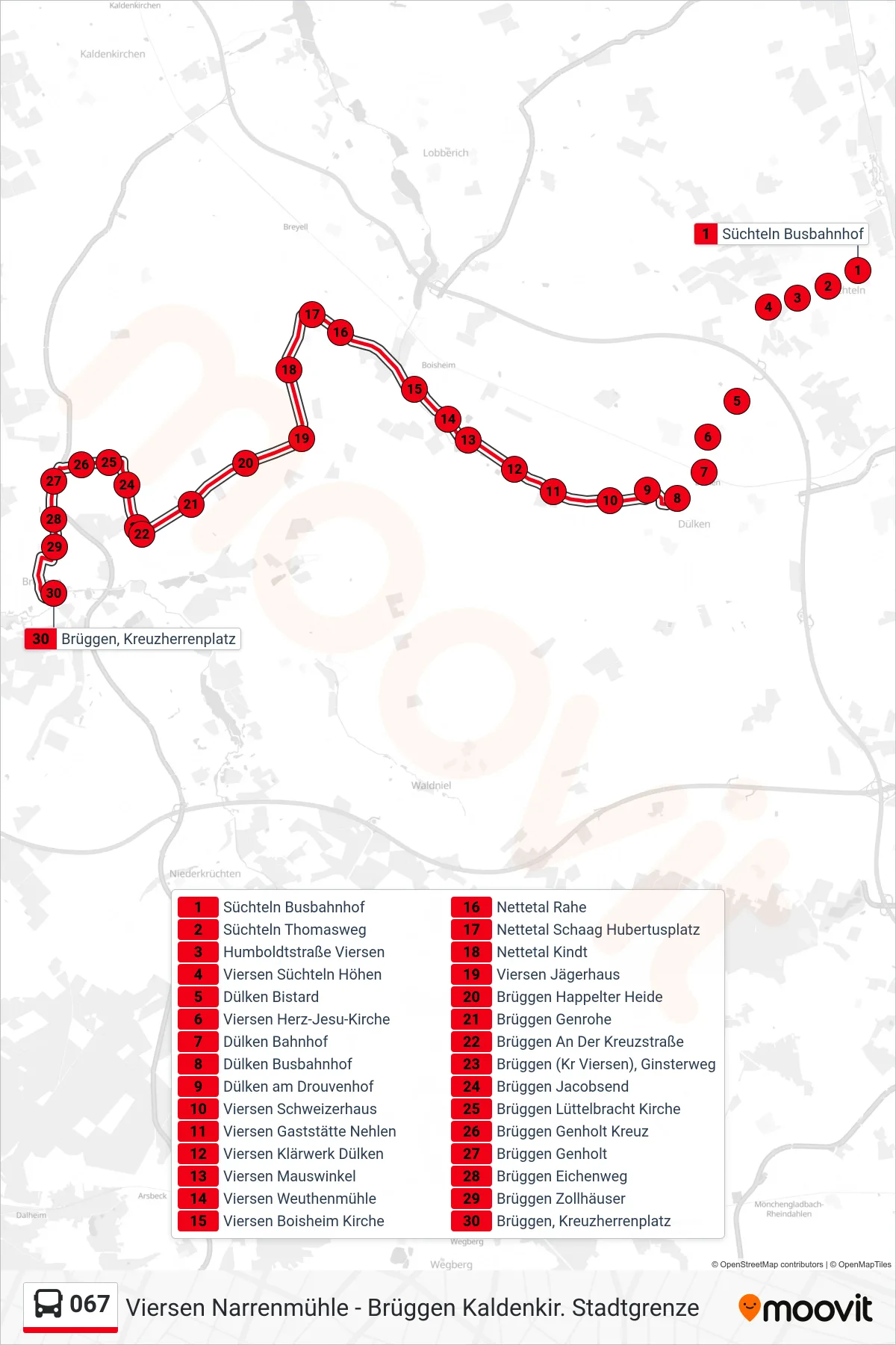 067 bus Line (Brüggen, Kreuzherrenplatz) route and stops on a map