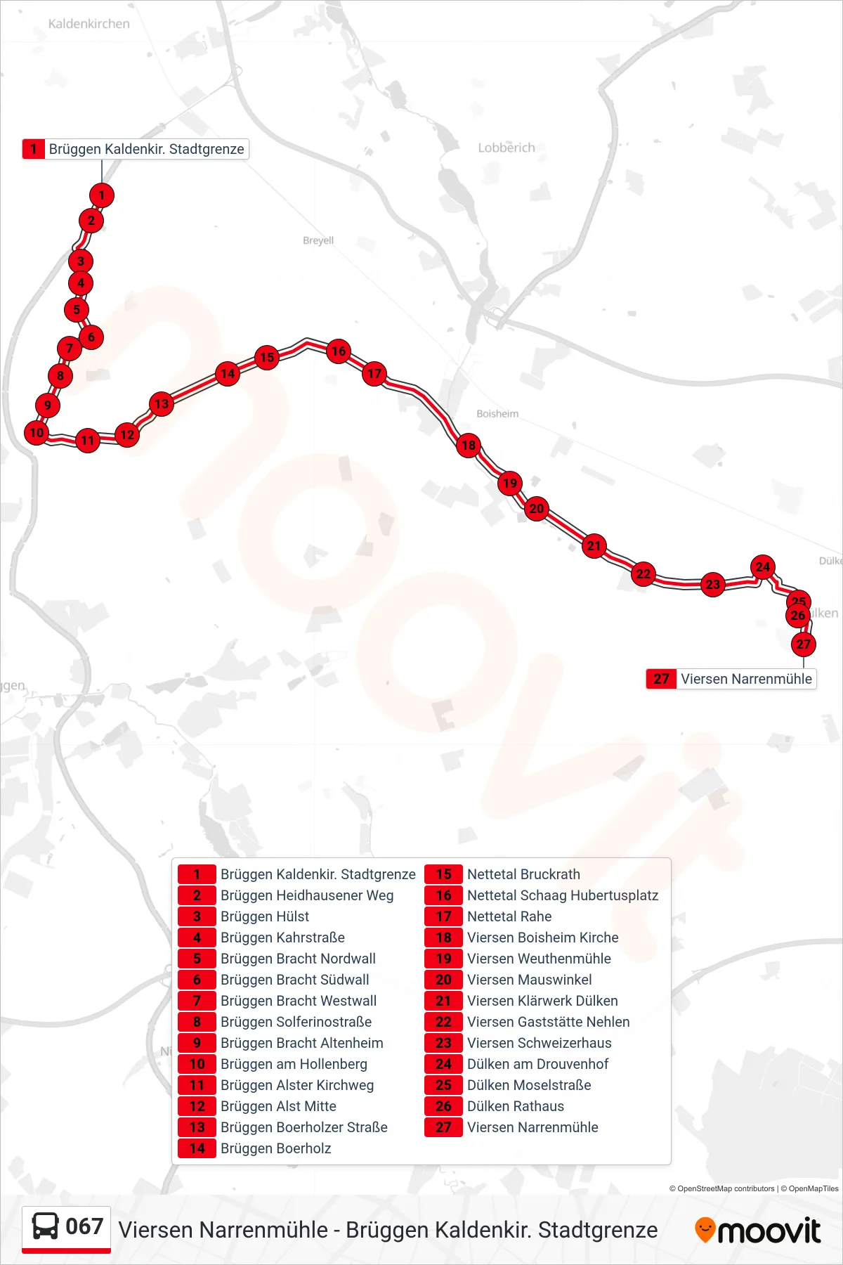 067 bus Line (Viersen Narrenmühle) route and stops on a map