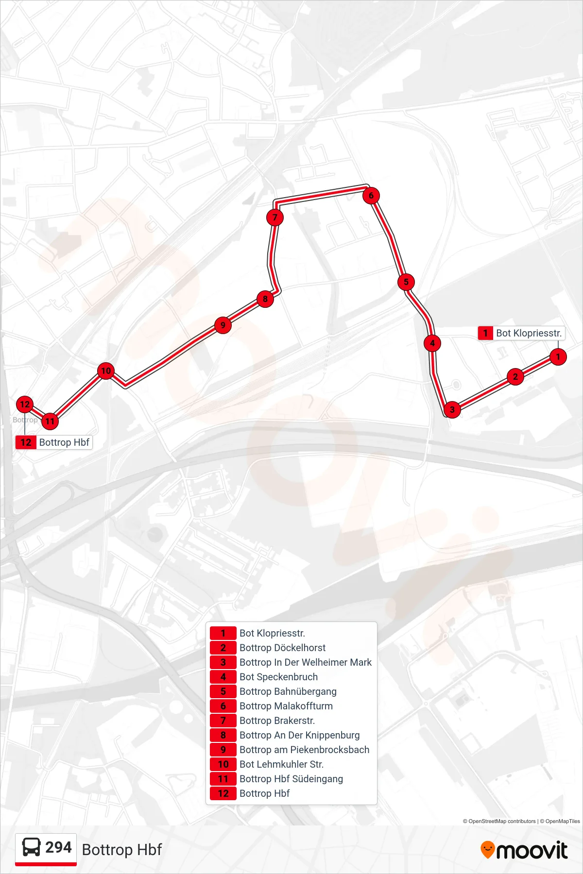 Linie 294 (Bus) Richtung Bottrop Hbf: Route und Haltestellen auf der Karte