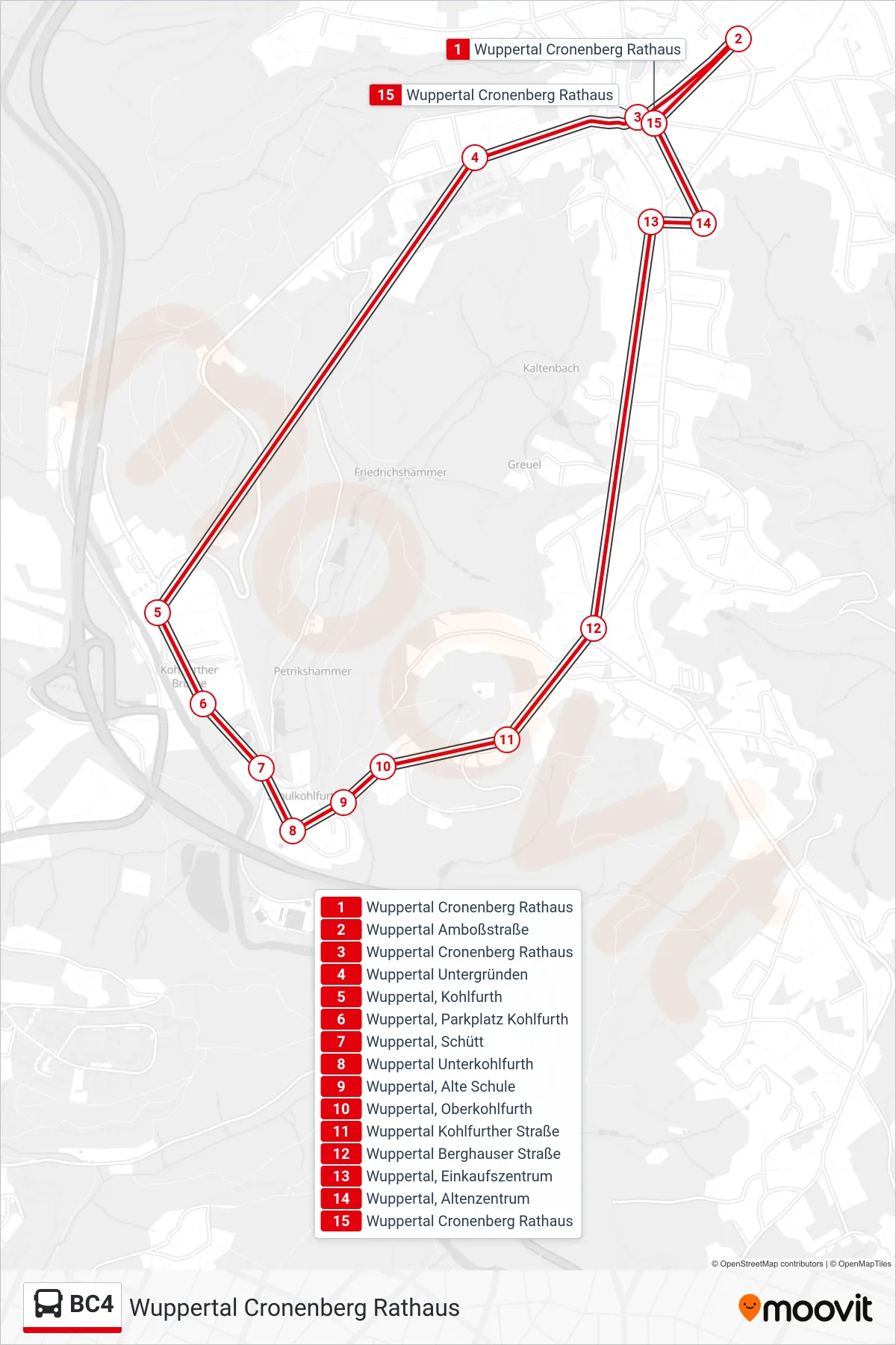 Linie BC4 (Bus) Richtung Wuppertal Cronenberg Rathaus: Route und Haltestellen auf der Karte