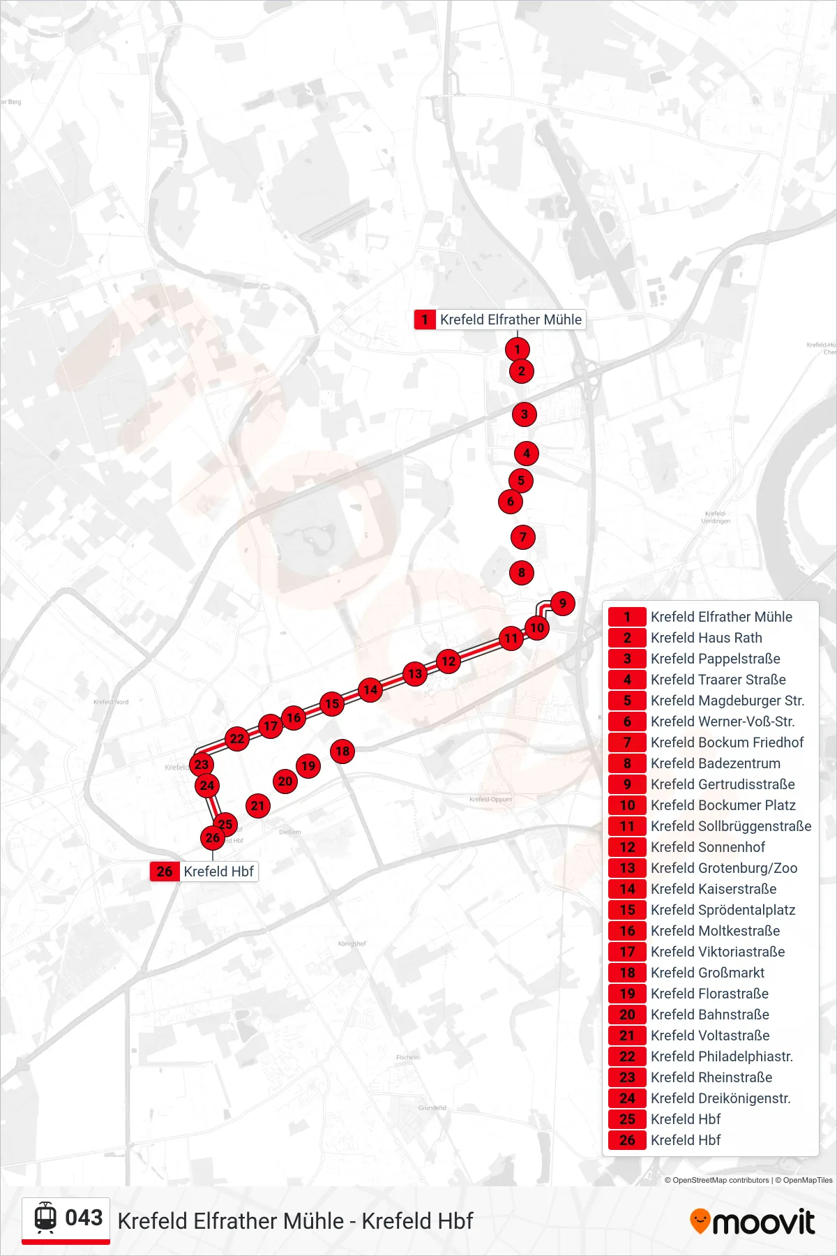 Linie 043 (Straßenbahn) Richtung Krefeld Hbf: Route und Haltestellen auf der Karte
