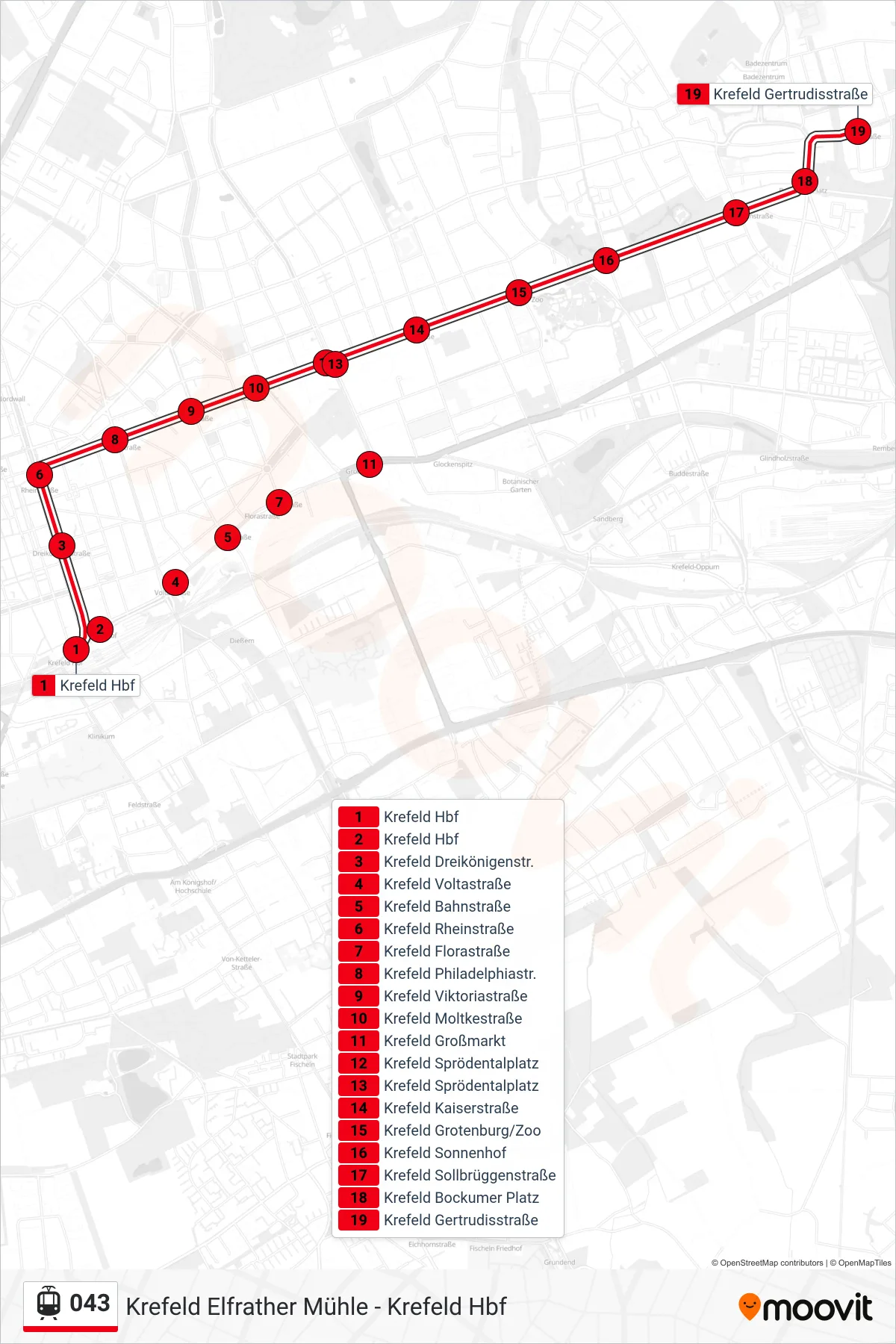 Linie 043 (Tram) Richtung Krefeld Gertrudisstraße: Route und Haltestellen auf der Karte