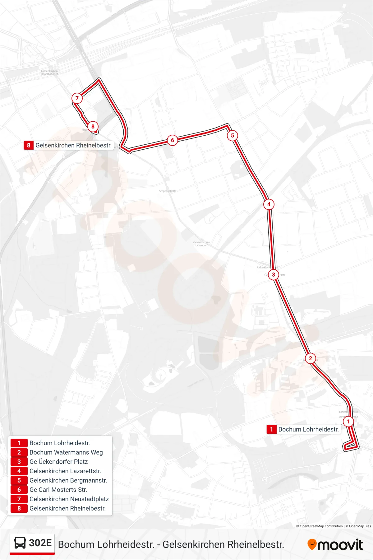 Linie 302E (Bus) Richtung Gelsenkirchen Rheinelbestr.: Route und Haltestellen auf der Karte
