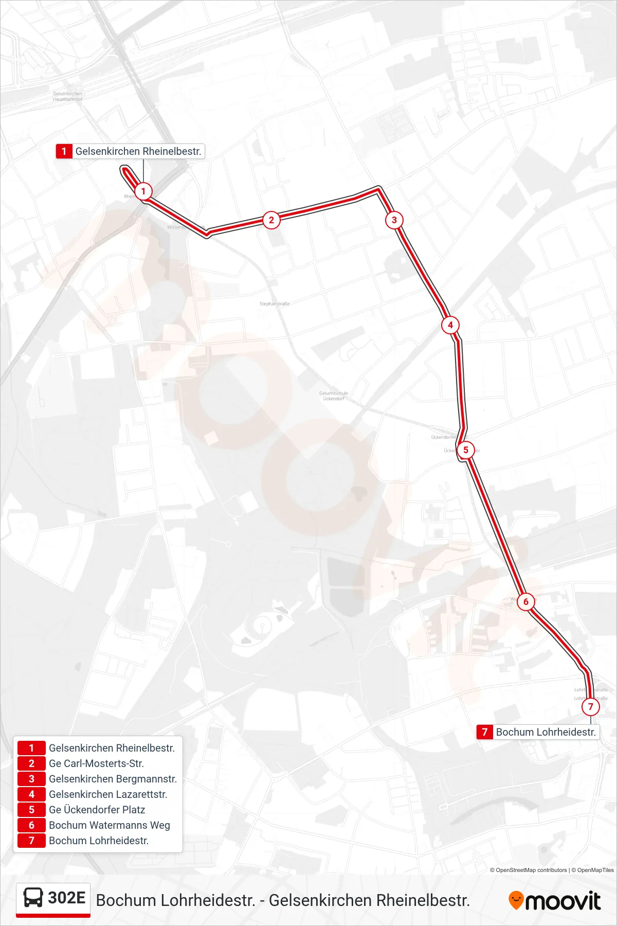 Linie 302E (Bus) Richtung Bochum Lohrheidestr.: Route und Haltestellen auf der Karte