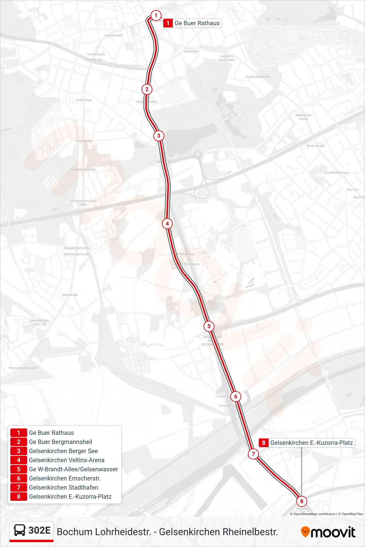 Linie 302E (Bus) Richtung Gelsenkirchen E.-Kuzorra-Platz: Route und Haltestellen auf der Karte
