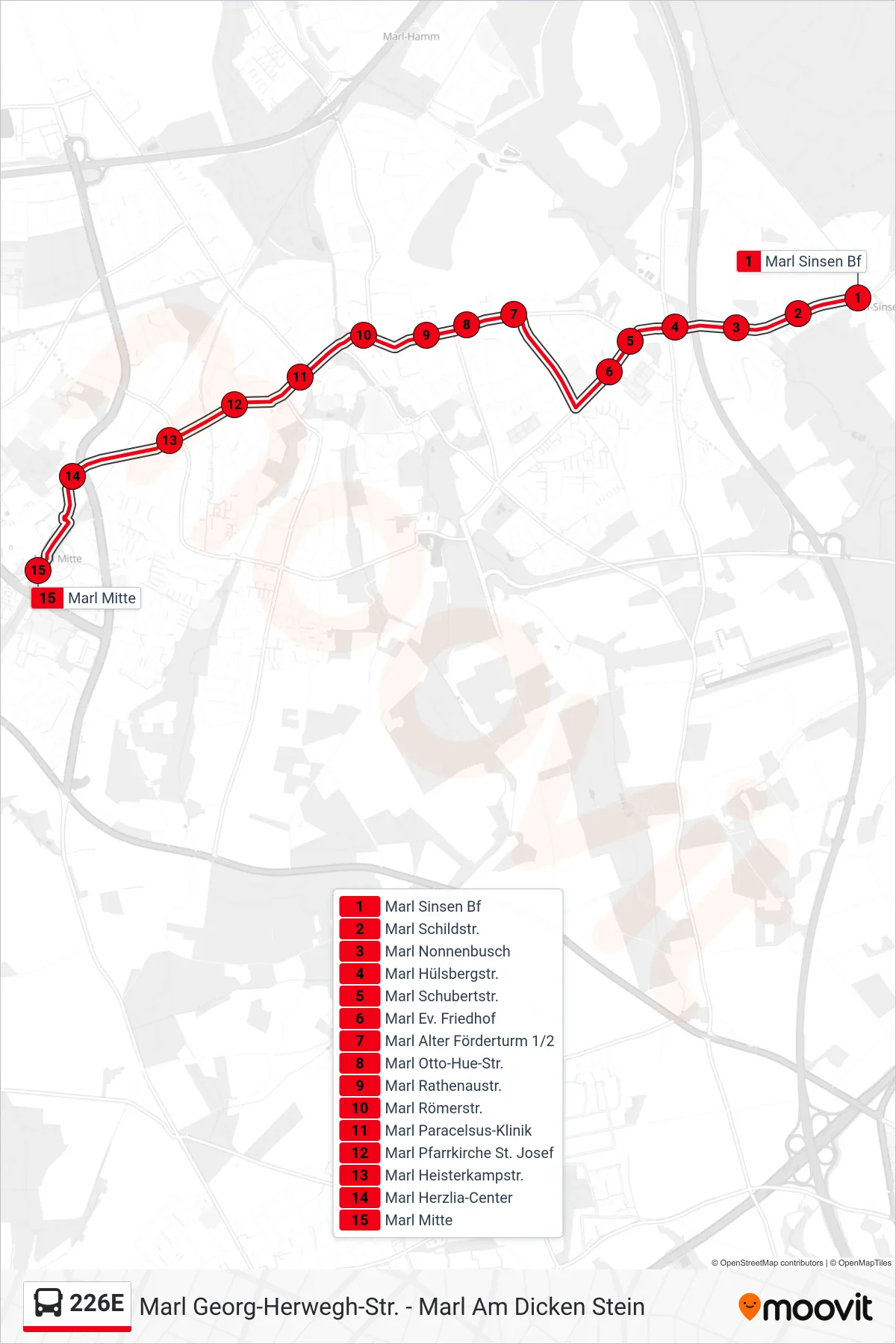 Linie 226E (Bus) Richtung Marl Mitte: Route und Haltestellen auf der Karte