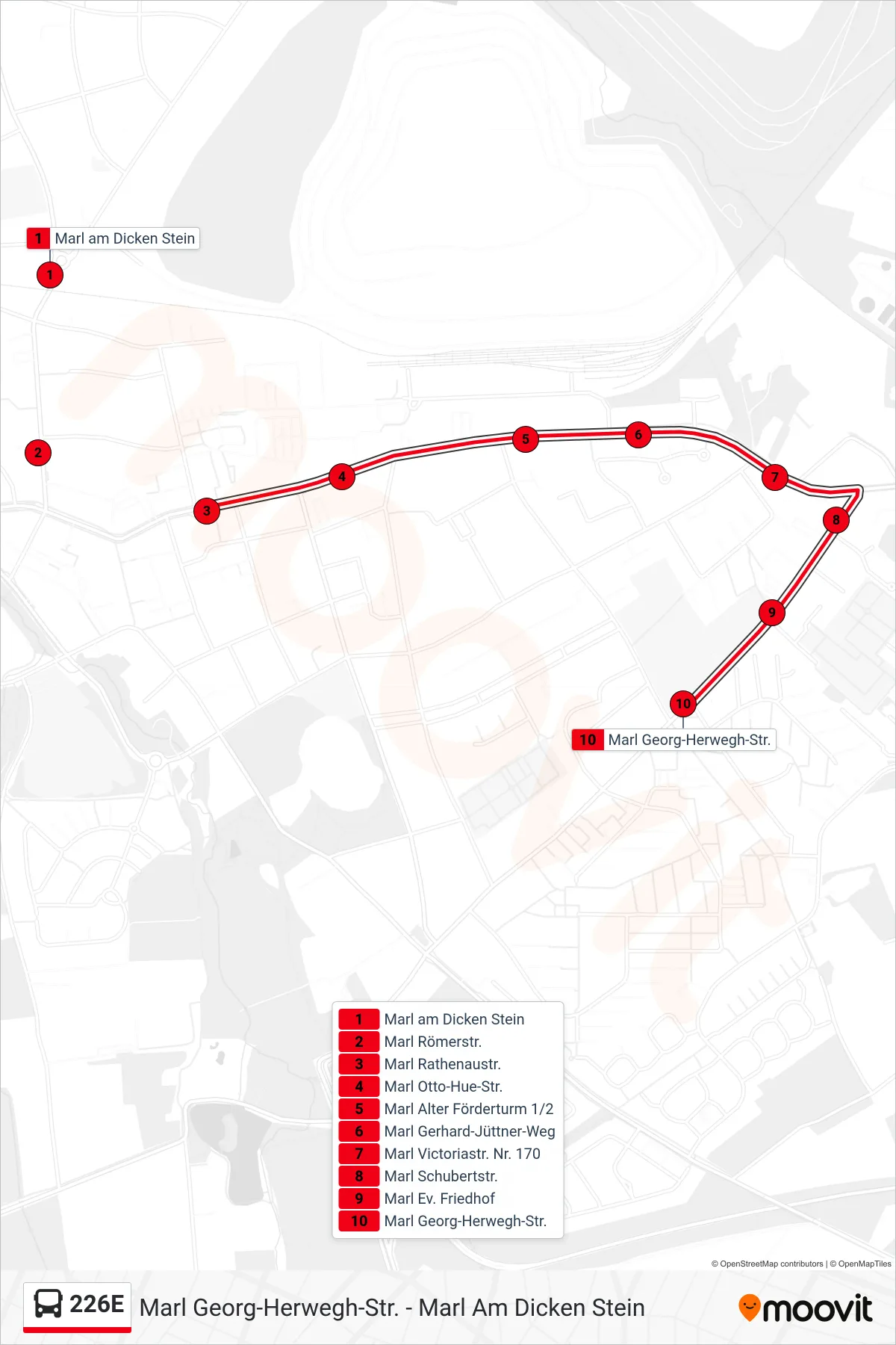 Linie 226E (Bus) Richtung Marl Georg-Herwegh-Str.: Route und Haltestellen auf der Karte