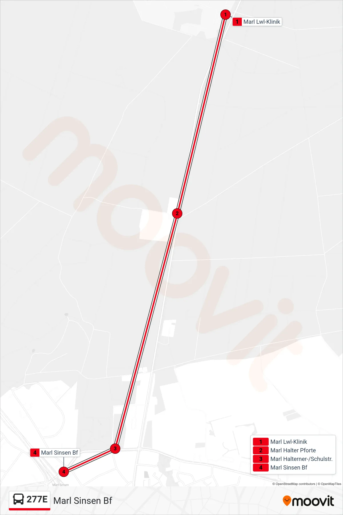 Linie 277E (Bus) Richtung Marl Sinsen Bf: Route und Haltestellen auf der Karte